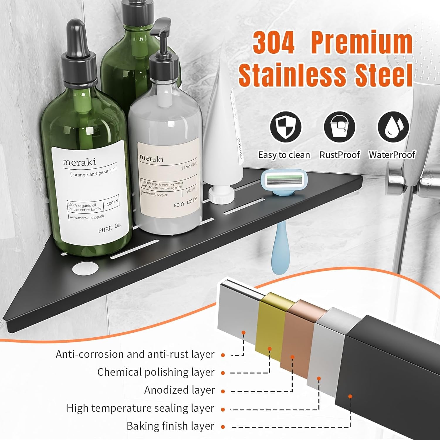 Shower Corner Shelf with Razor Hole, Modern Sturdy Shower Caddy, 10" Rustproof Stainless Steel Shower Organizers Bathroom Shelf for Tile Wall, No Drilling