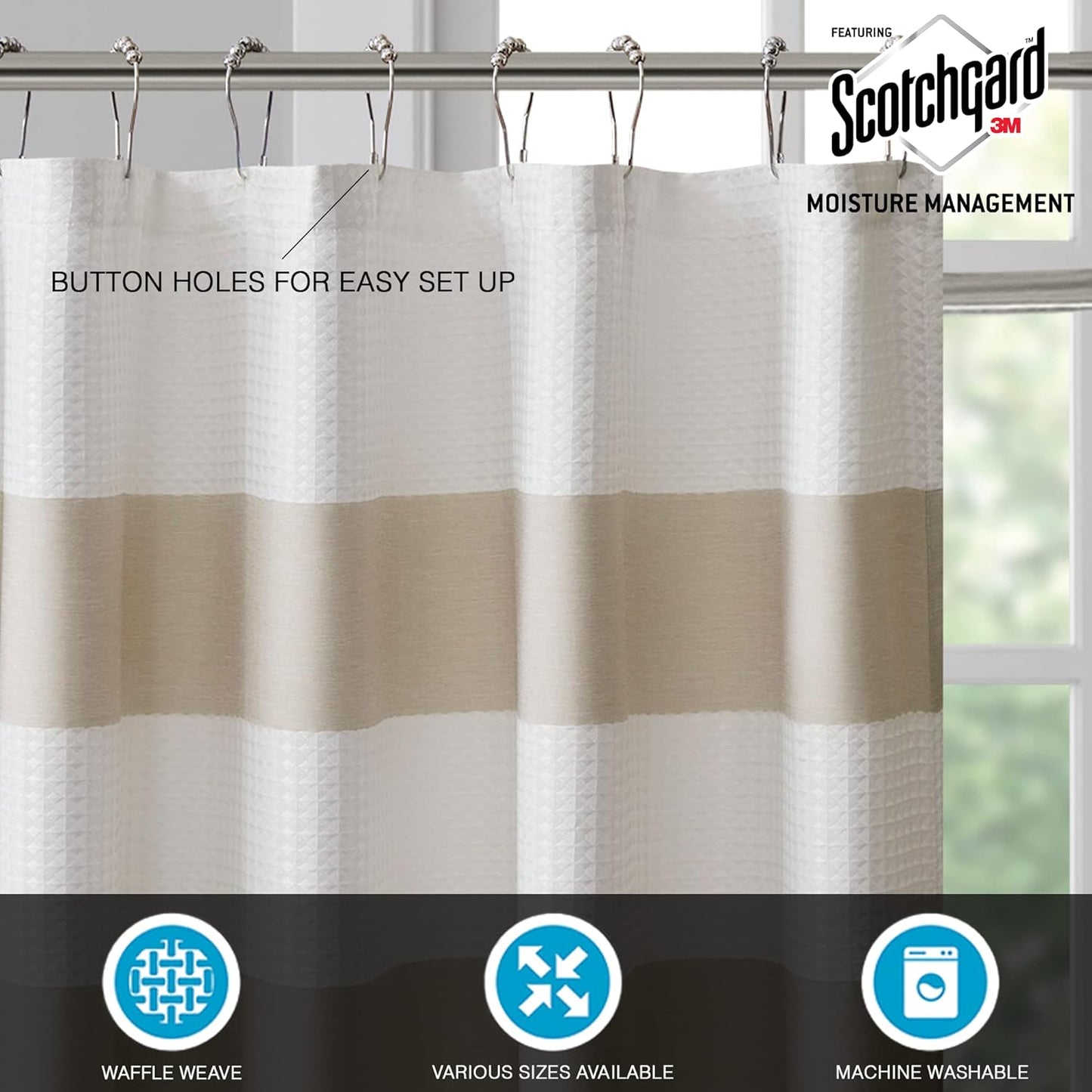 Shower Curtain, Waffle Weave, Standard 72"X72" Taupe