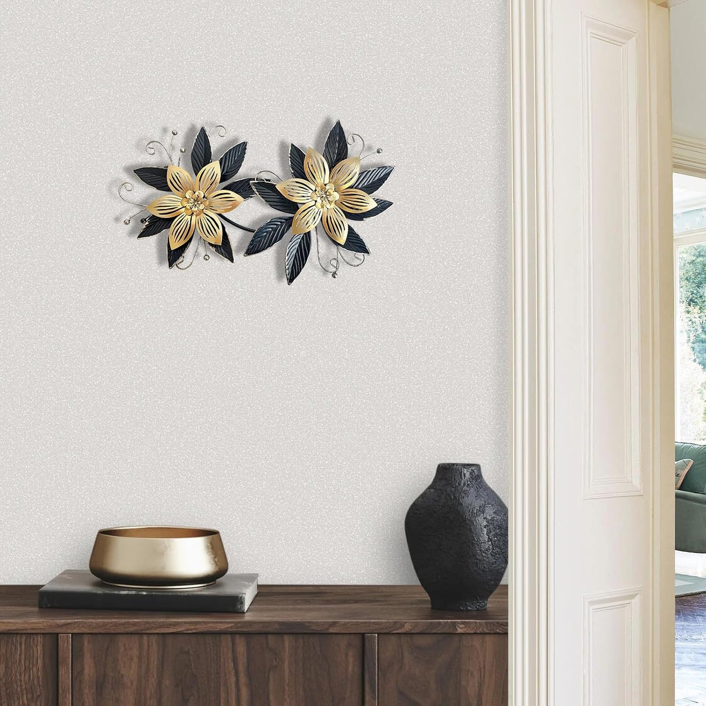 Black Gold Metal Flowers Wall Decor,15" 3D Multi-Layer Modern Floral Art, Rustic Distressed Hanging Decor for Indoor, Bedroom Living Room Garden Patio, Home Decoration Accent