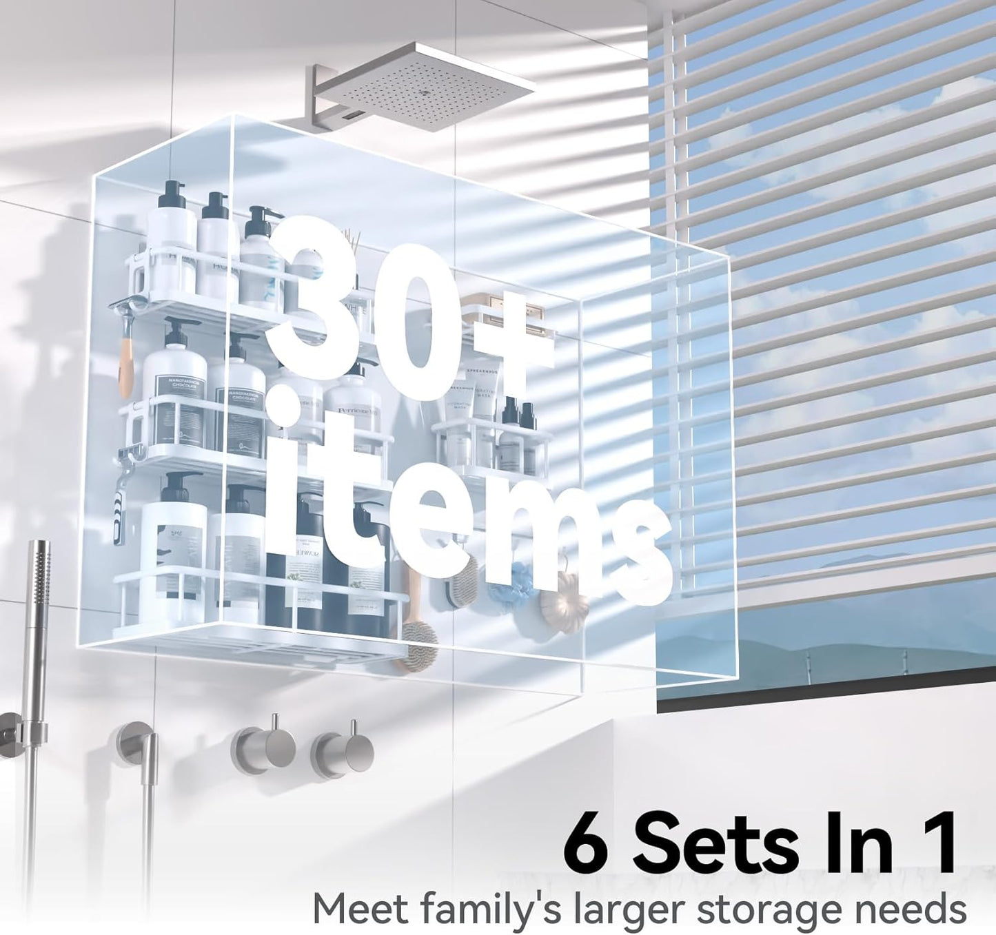 Shower Caddy, 6 Pack Large Capacity Shower Organizer with Soap Holder and 12 Hooks, Rustproof Shower Shelves, No Drilling, White