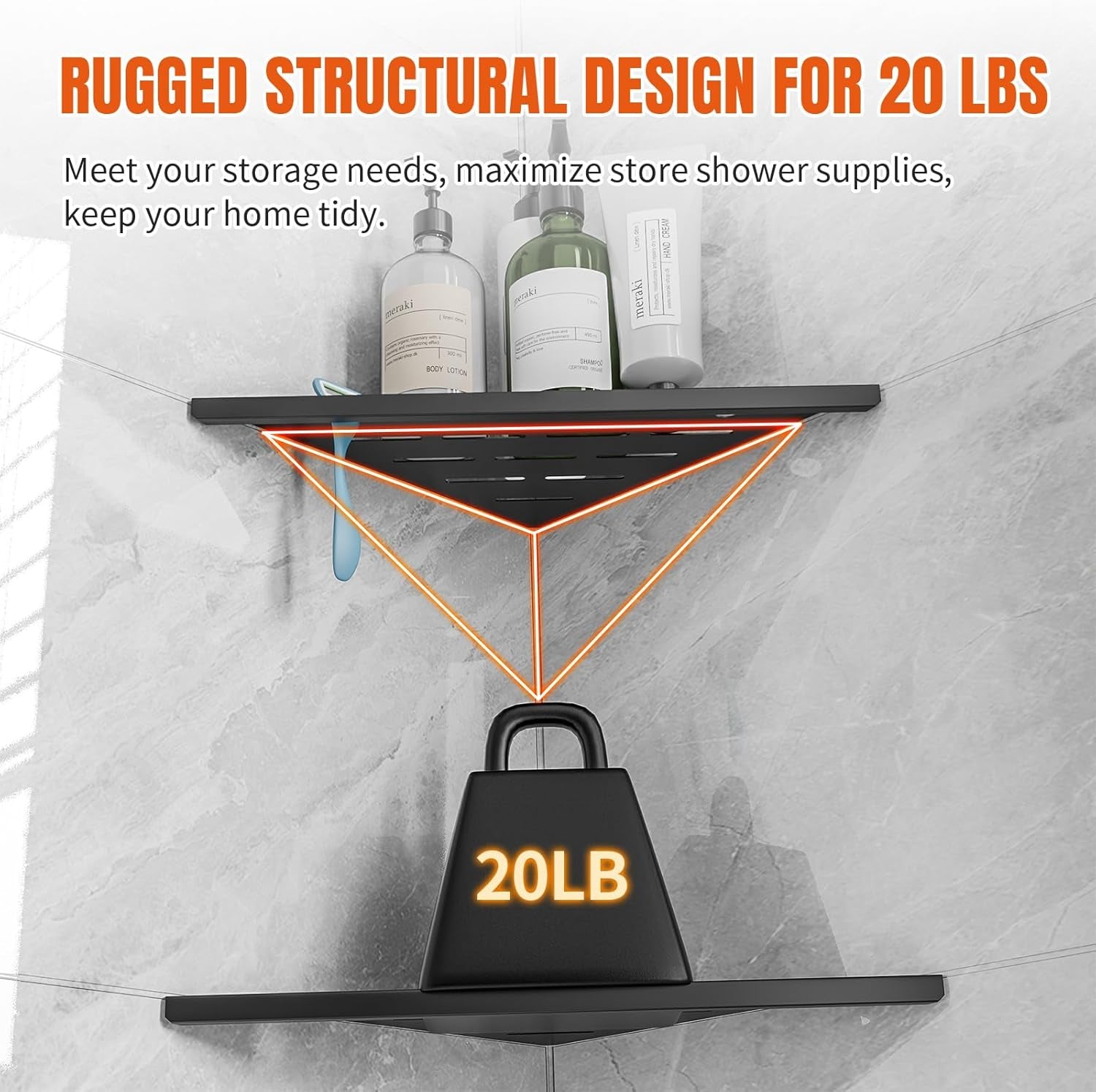 Shower Corner Shelf with Razor Hole, Modern Sturdy Shower Caddy, 10" Rustproof Stainless Steel Shower Organizers Bathroom Shelf for Tile Wall, No Drilling