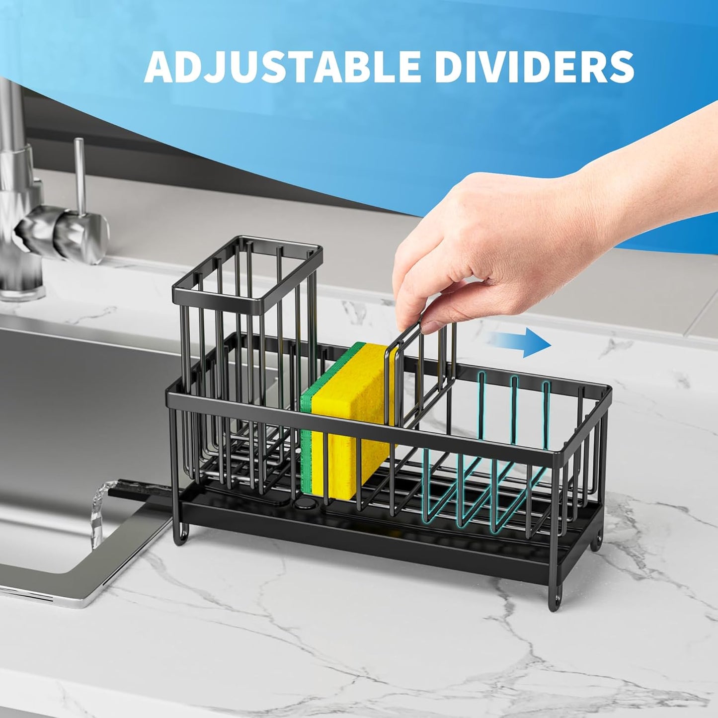 Black Sponge Holder for Kitchen Sink, Sink Caddy Organizer with High Brush Holder, Storage Essentials, Rustproof 304 Stainless Steel