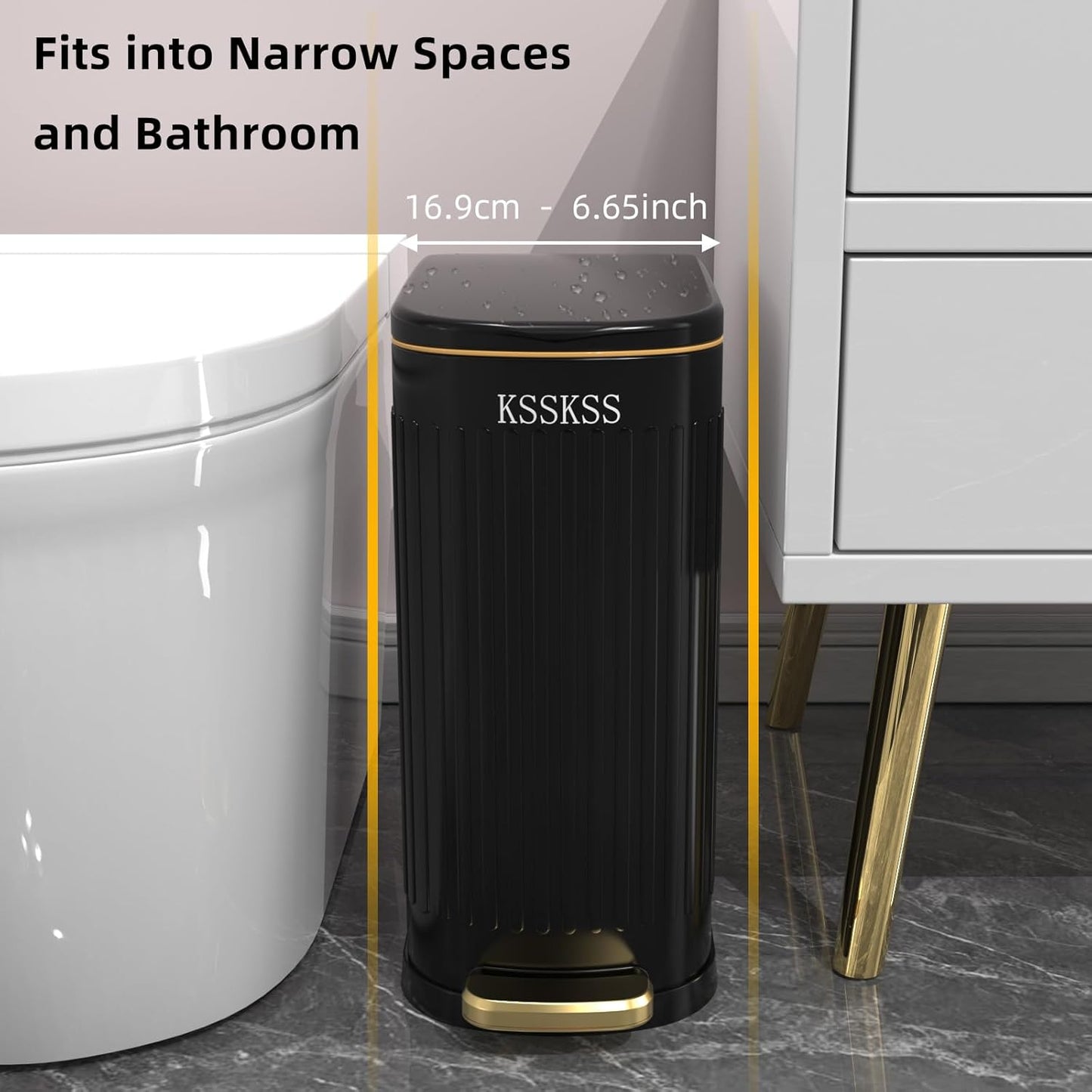 2.6 Gallon Slim Bathroom Trash Can with Soft Close Lid, 10L Stainless Steel with Removable Liner Bucket (Matt Black)