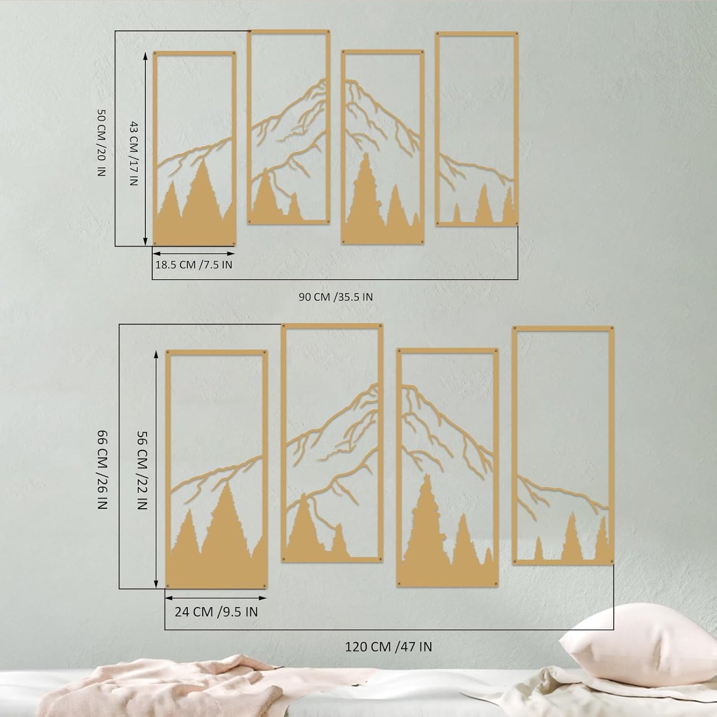 4 Pcs Metal Mountain and Forest Wall Decorations (Gold, Large)