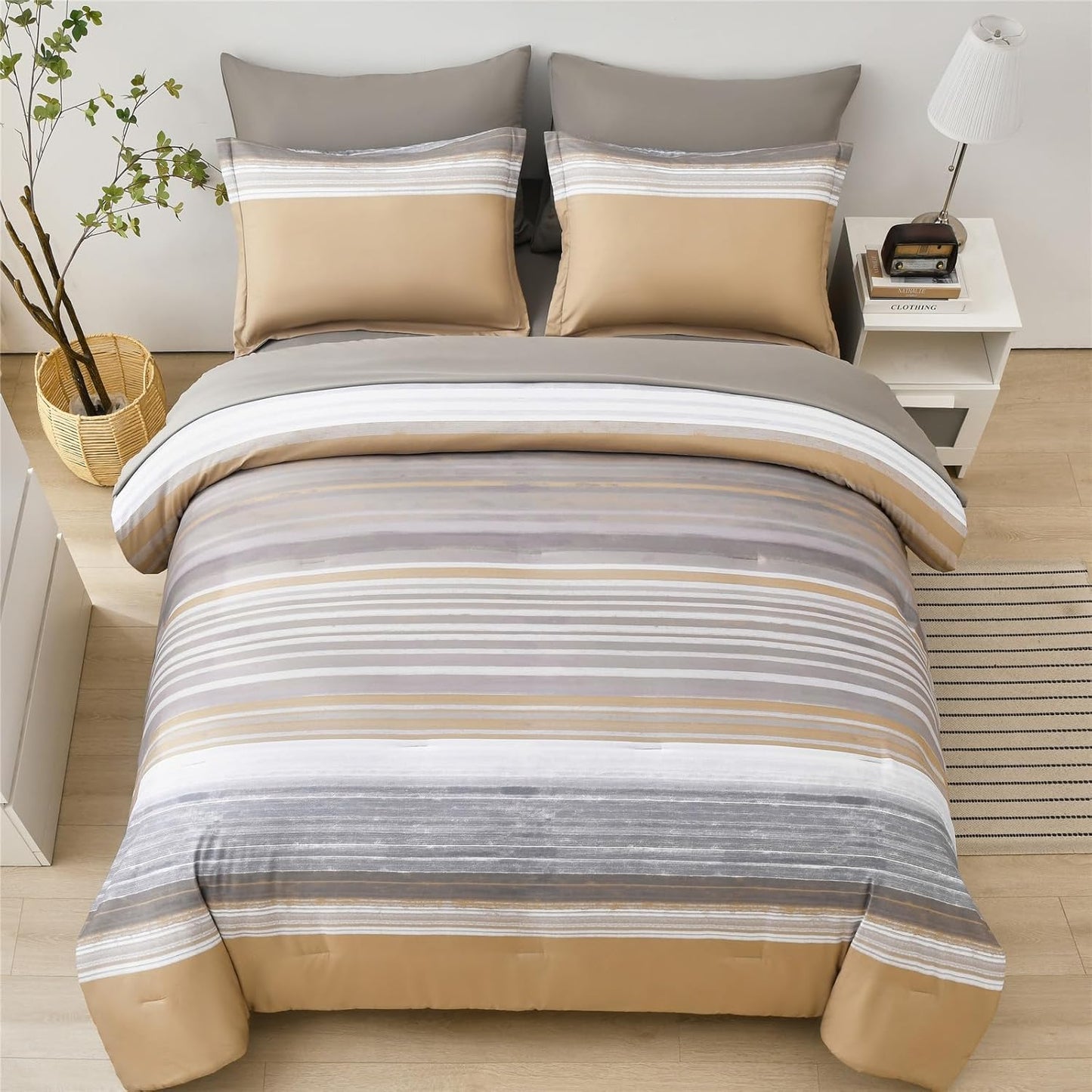 7 Piece Bed in a Bag Stripe Comforter Set Full Size, White Grey Khaki Striped Comforter and Sheet Set (Khaki,Full)