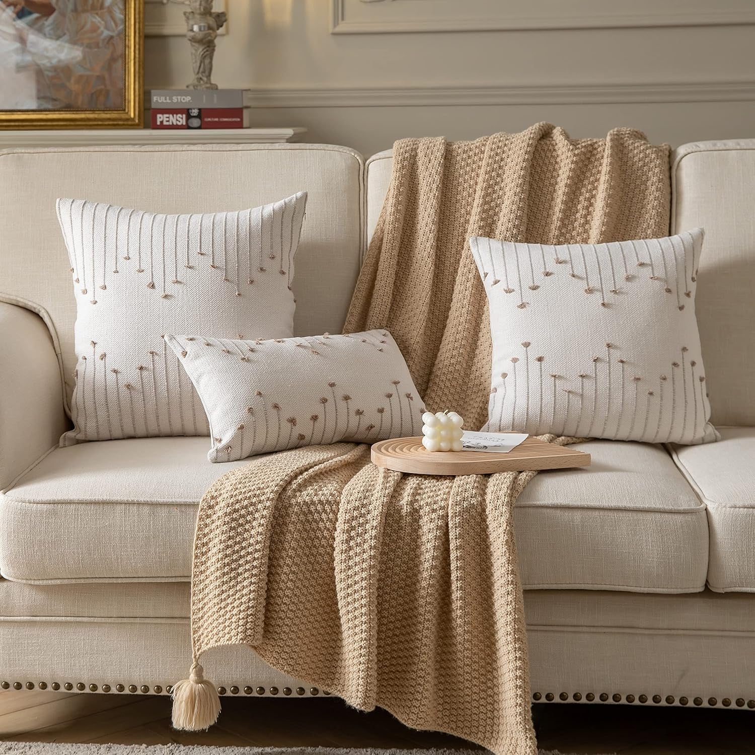 Boho Throw Pillow Covers 12X20 Set of 2 Decorative Pillows. Beige with Tan Line