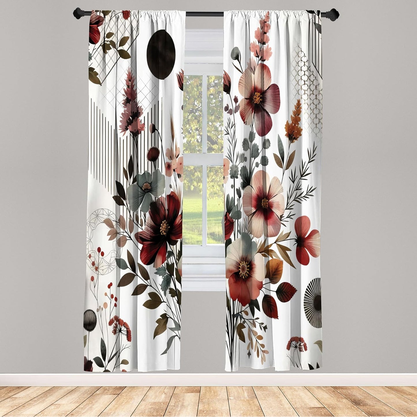 Floral Window Curtains, Mid Century Modern Rounds Chevrons and Stripes Ornate Leafy Wildflowers,2-Panel Set & Rod Pocket, Pair of - 28" X 84", Maroon Dark Sea Green