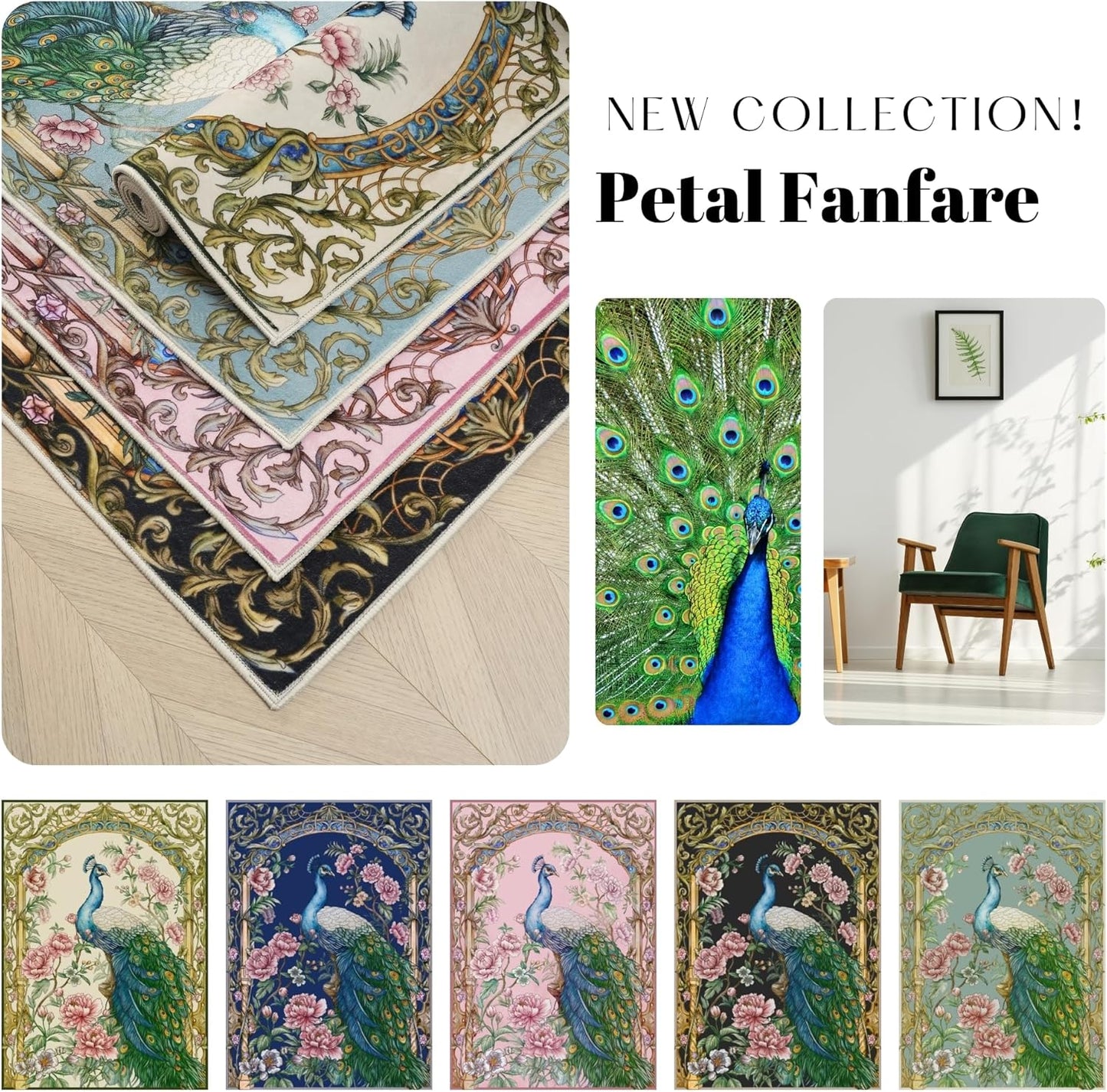 Bedroom Rug 3X5 Rug Washable Area Rug Floral Peacock, College Dorm (Black)