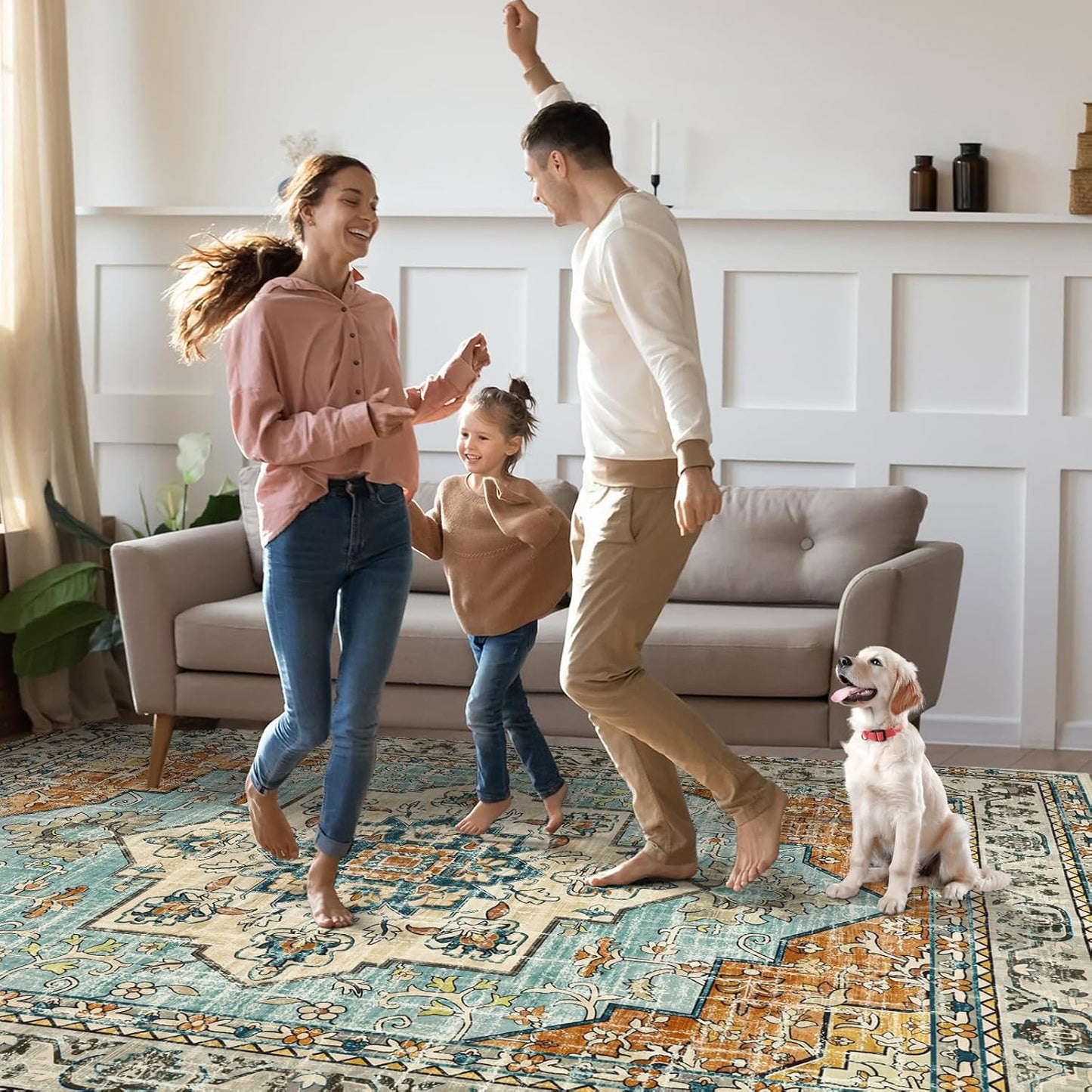 6X9 Area Rugs for Living Room,Non-Slip Soft Washable Rug with Vintage Medallion Pattern, , Orange Blue
