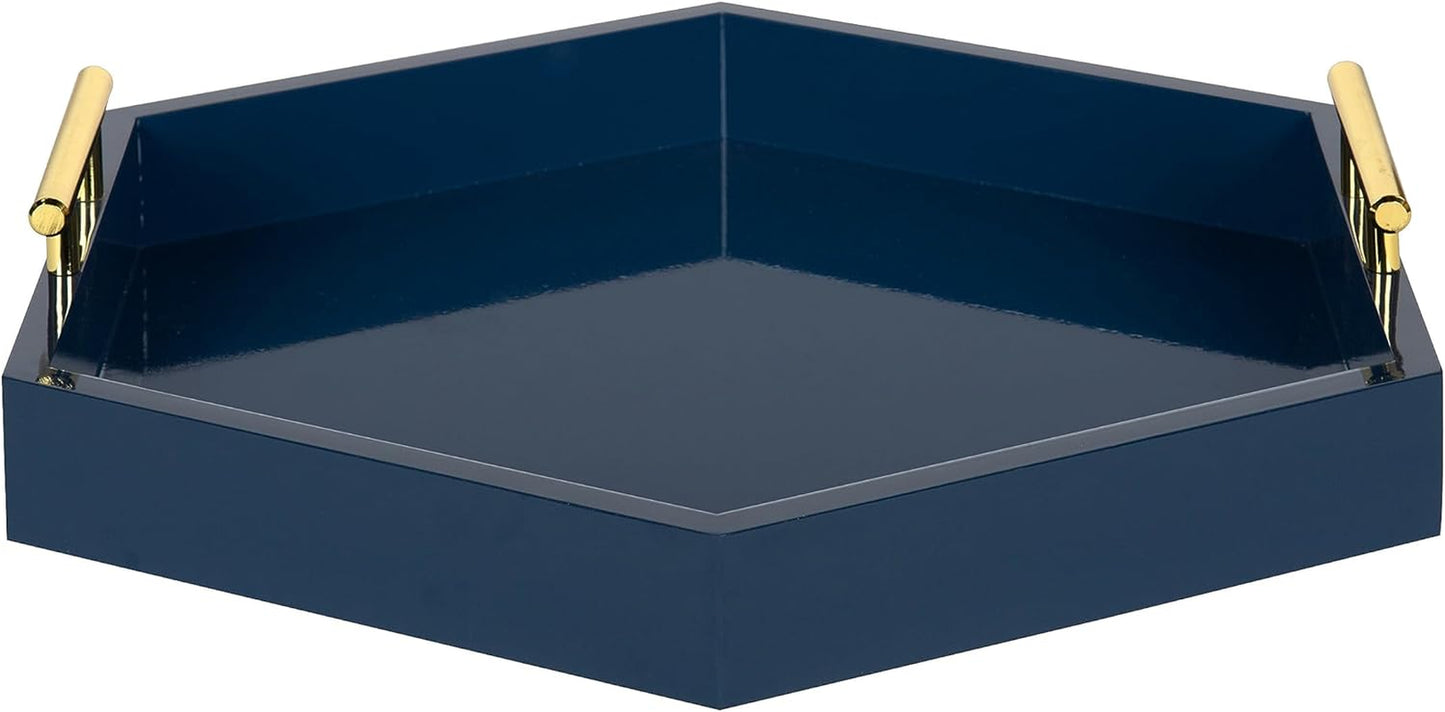 Lipton Hexagon Decorative Tray with Polished Metal Handles, Navy Blue and Gold
