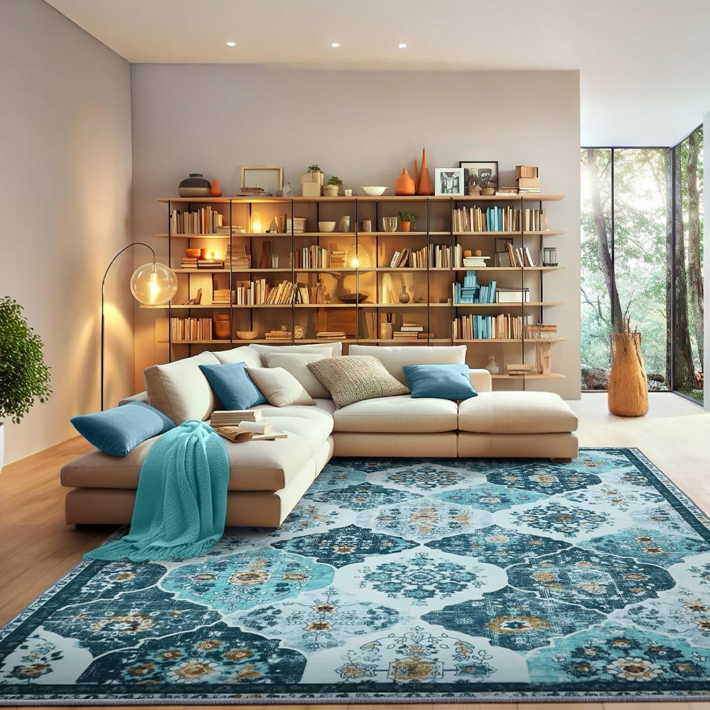 Area Rug, 5X7 Washable Boho Throw Rugs, Moroccan Trellis Bohemian Turquoise Ultra Soft- Teal/Multi