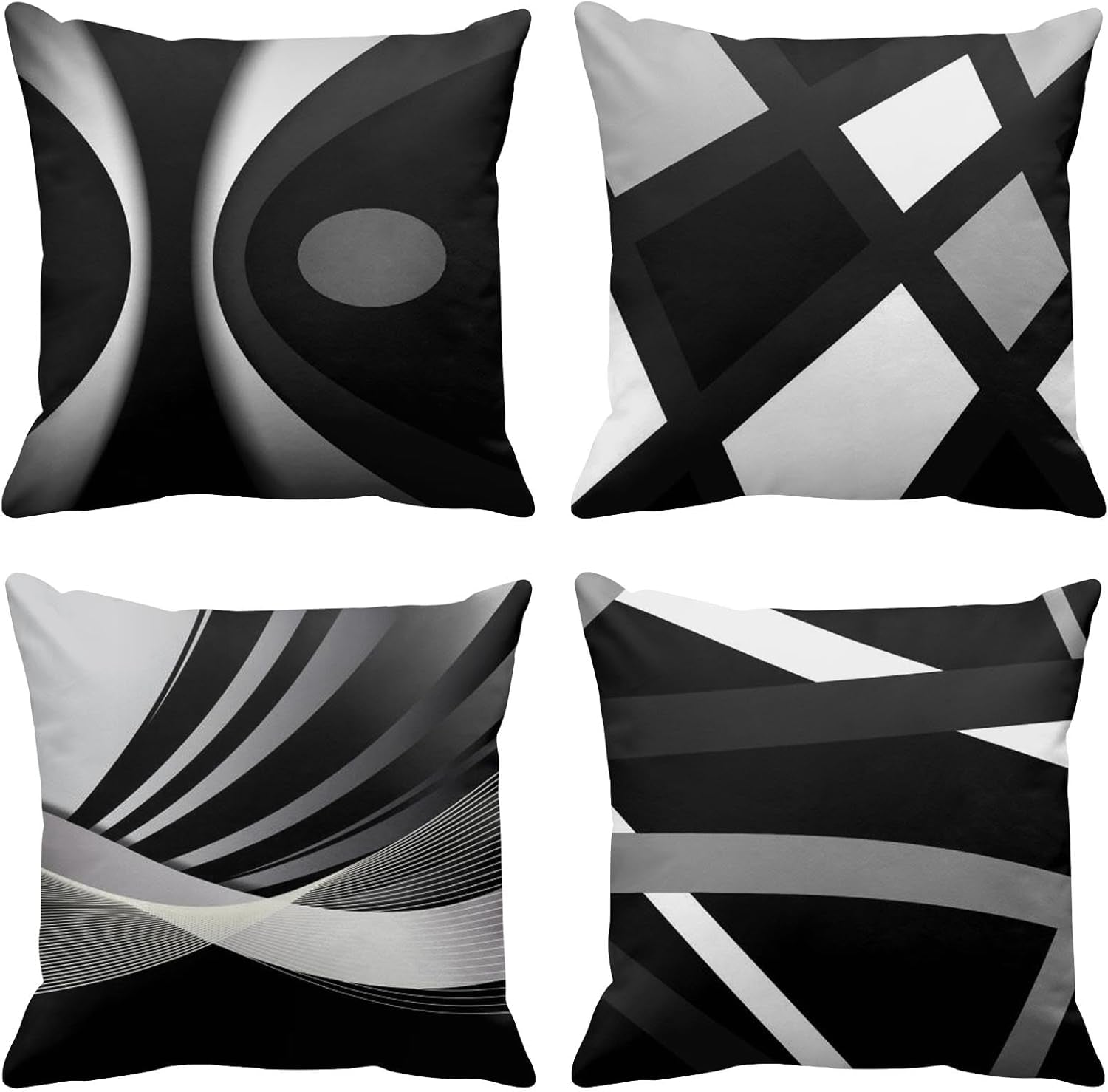 Set of 4 Black Throw Pillow Covers Modern Abstract Grey & White Stripes 20X20 Inches