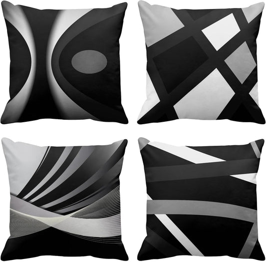 Set of 4 Black Throw Pillow Covers Modern Abstract Grey & White Stripes 20X20 Inches