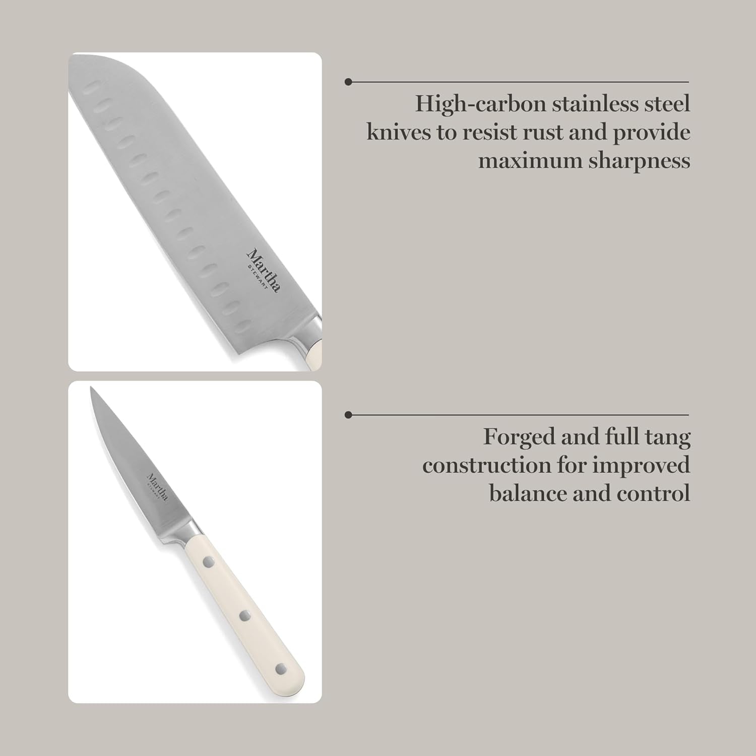 Eastwalk 14 Piece High Carbon Stainless Steel Cutlery Kitchen Knife Block Set W/Abs Triple Riveted Forged Handle Acacia Wood Block - Linen White