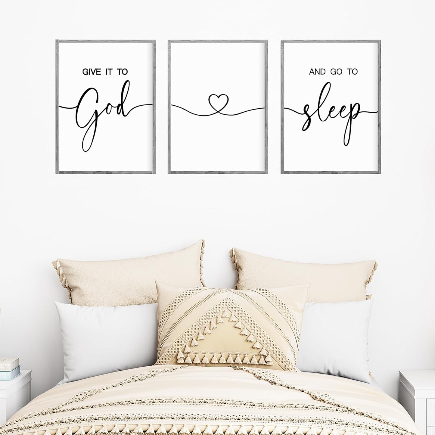 Give It to God and Go to Sleep Sign Set of 3 Wall Decor, Wood Framed (Gray, 11”X14”)