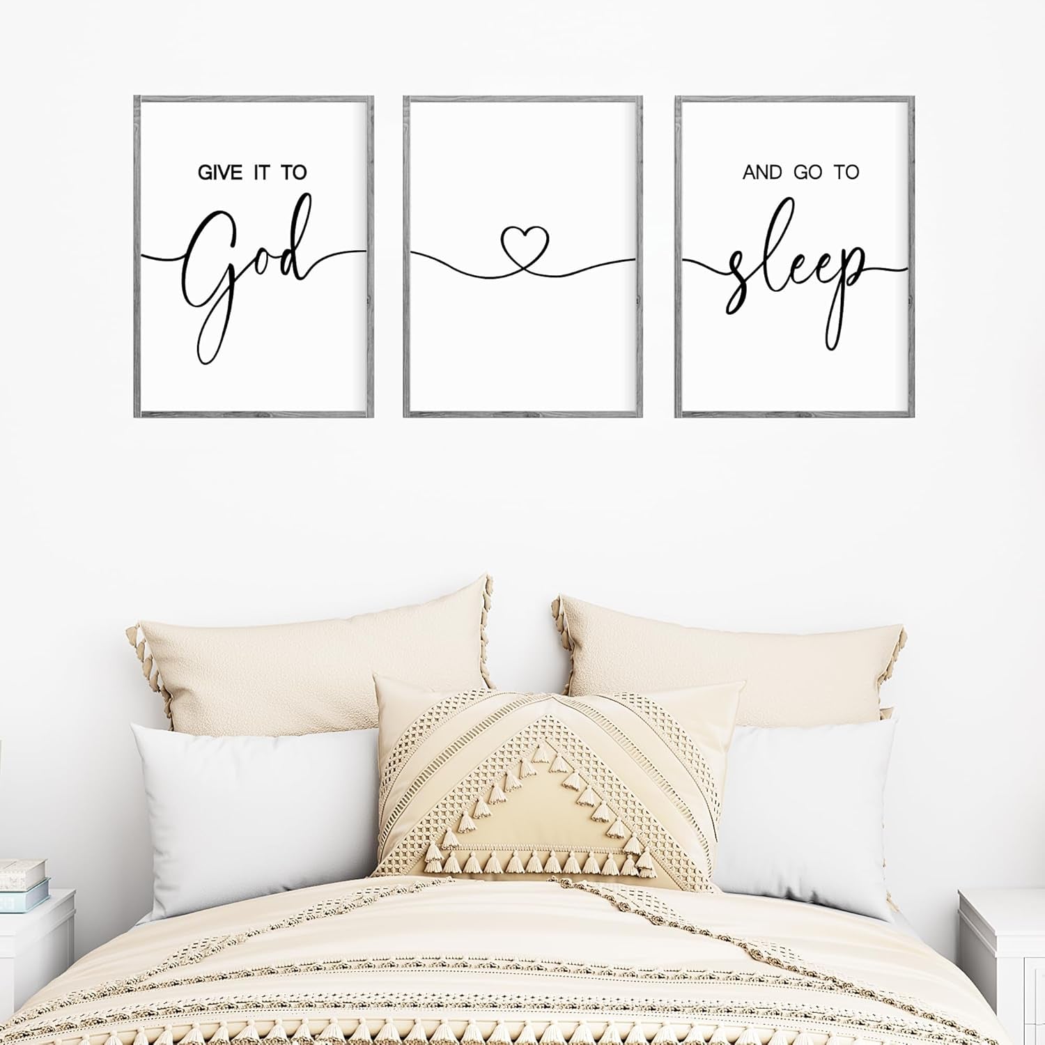Give It to God and Go to Sleep Sign Set of 3 Wall Decor, Wood Framed (Gray, 11”X14”)