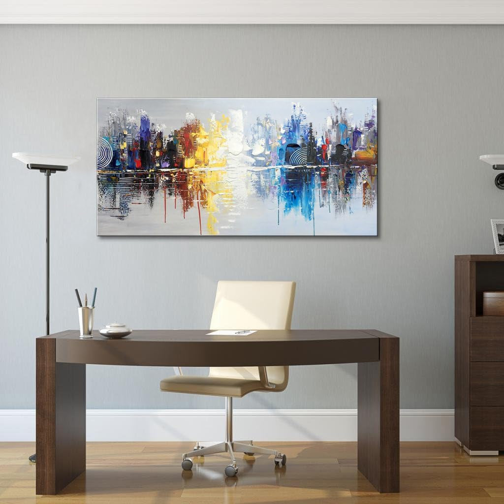 Hand-Painted Textured City Oil Painting on Canvas Reflection Abstract Cityscape Wall Art for Decor