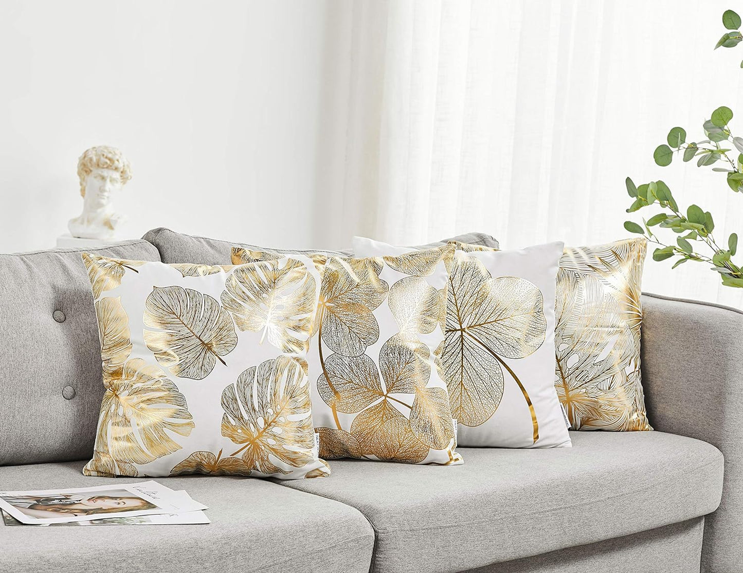Decorative Throw Pillow Cover Gold Stamping Leaves 18 X 18 Inches, 4 Set