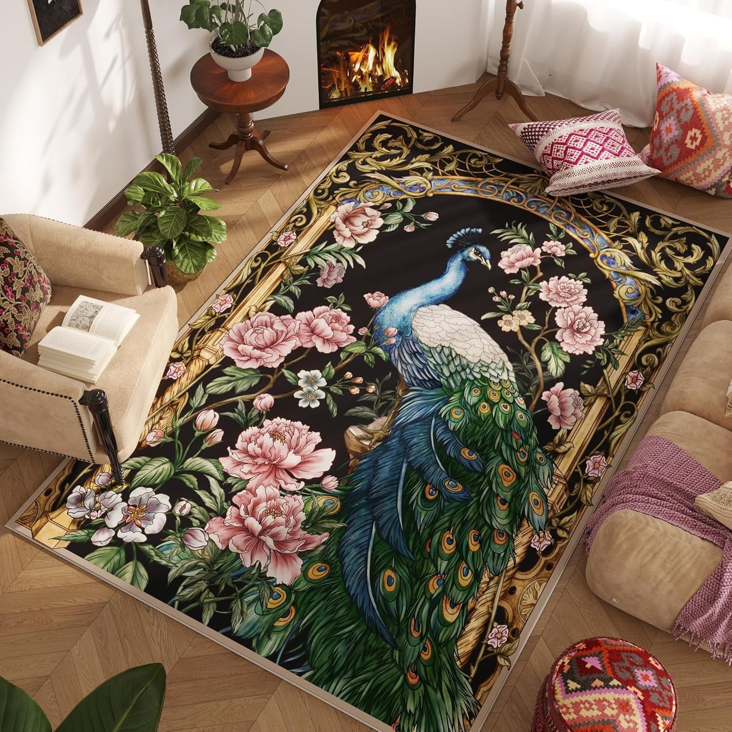 Bedroom Rug 3X5 Rug Washable Area Rug Floral Peacock, College Dorm (Black)