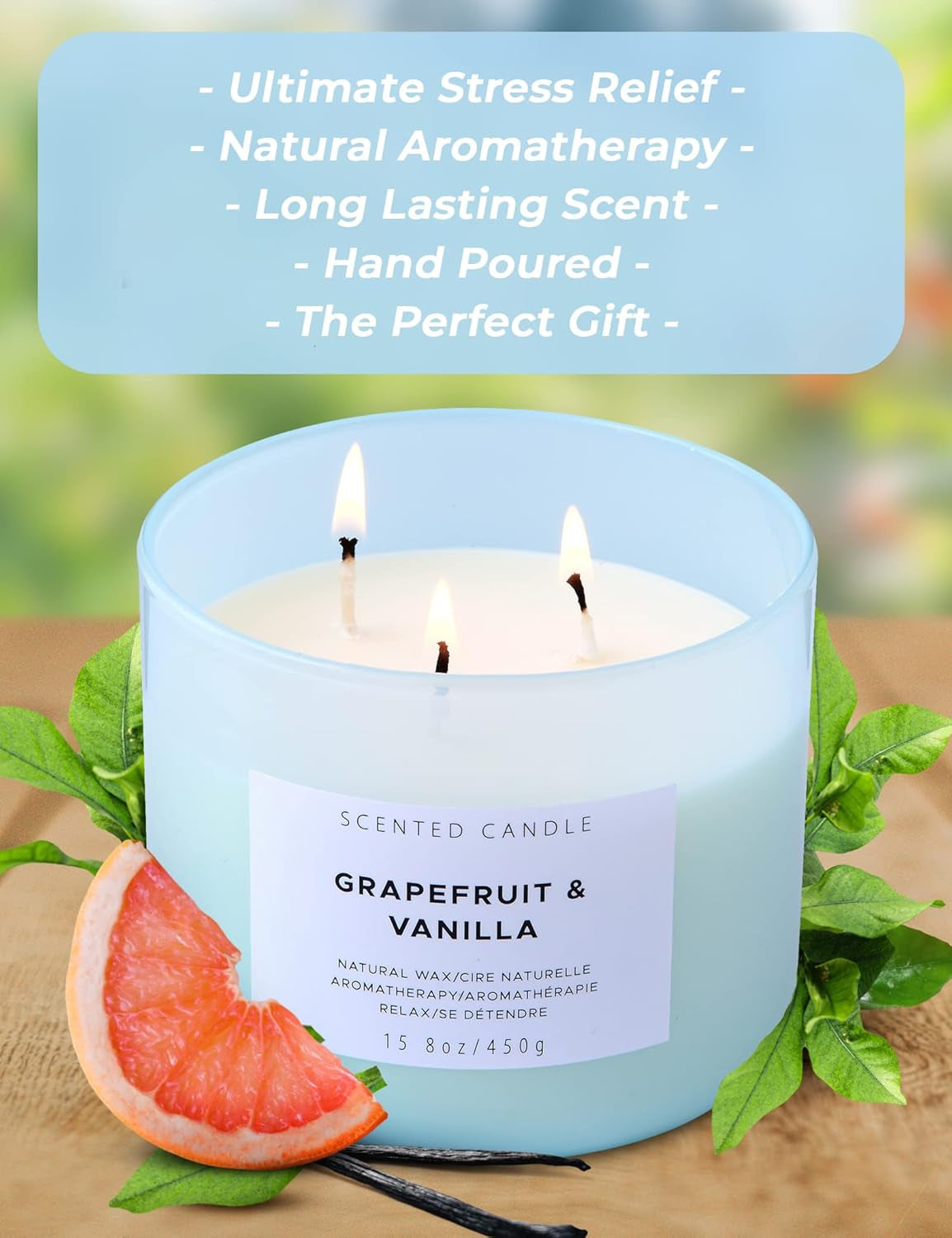Grapefruit Vanilla Scented Candle | Natural Soy Large 3 Wick Candle for Home 15.8 Oz