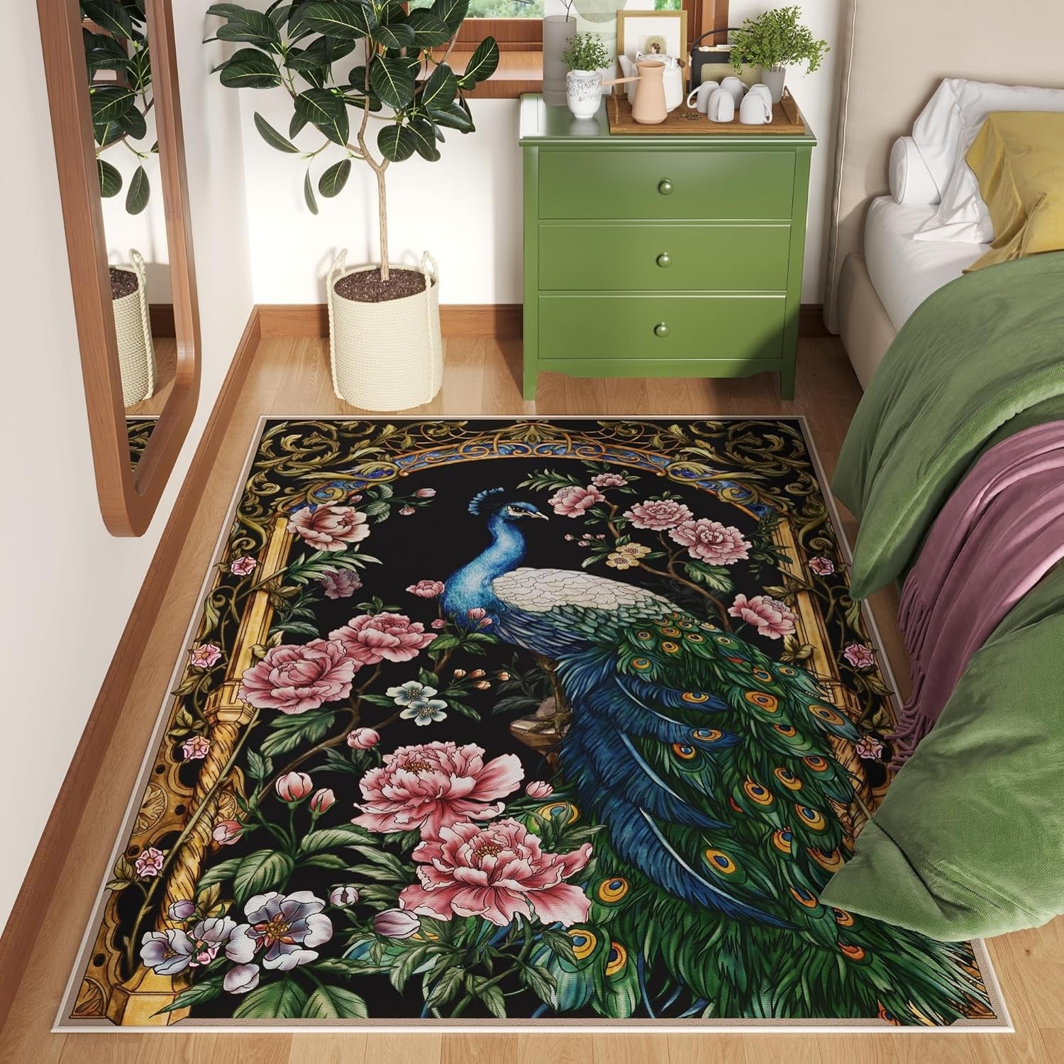 Bedroom Rug 3X5 Rug Washable Area Rug Floral Peacock, College Dorm (Black)