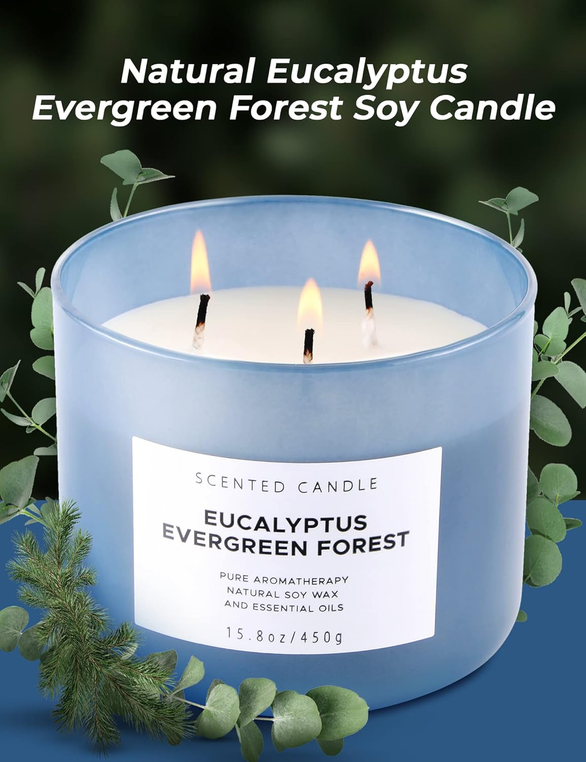 Eucalyptus Evergreen Forest Luxury 3 Wick Winter Pine Candle,15.8 Oz