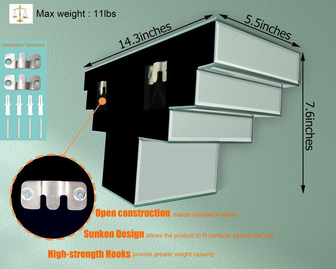 Mirrored Floating Wall Shelf, Silver Mirror Crushed Diamond Decorative Wall Shelf, 14.3" L×5.5" W×7.6" H