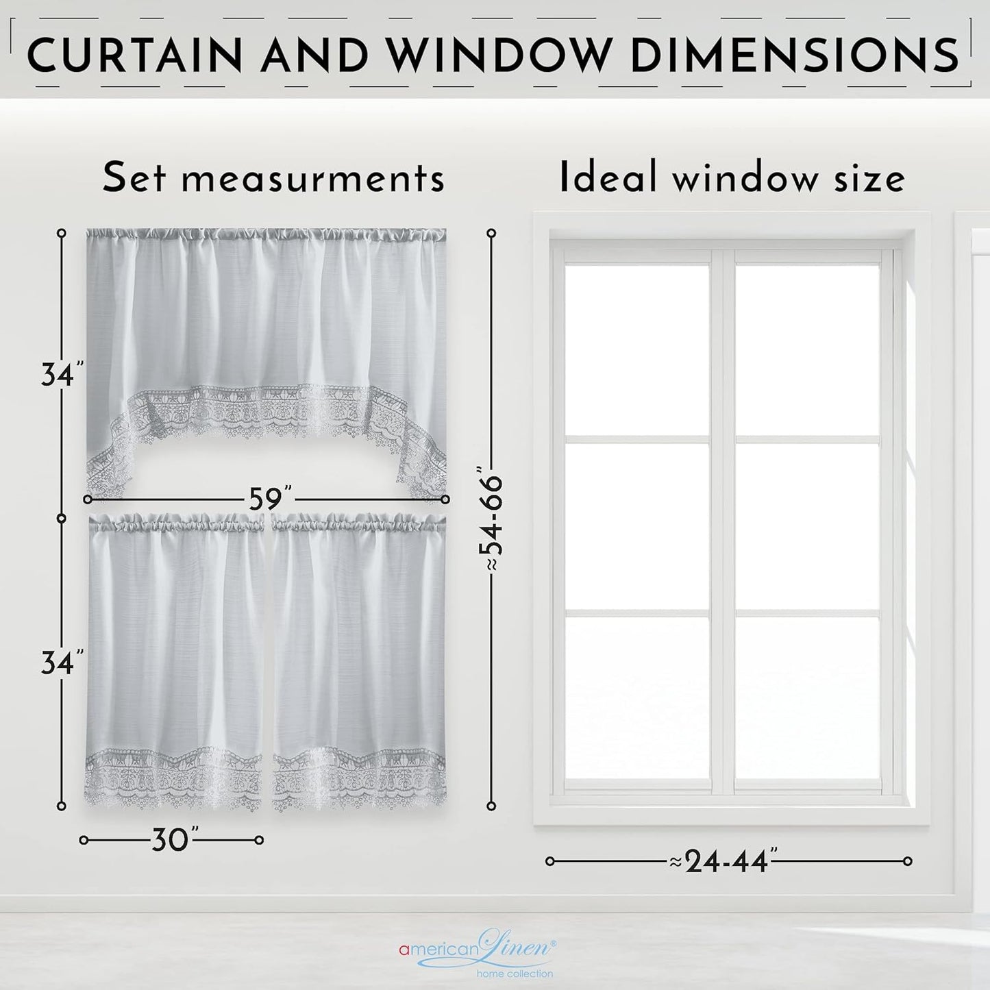 Café Curtains for Kitchen, Curtains with Valance, Embroidered Lace Border. (Steele Gray)