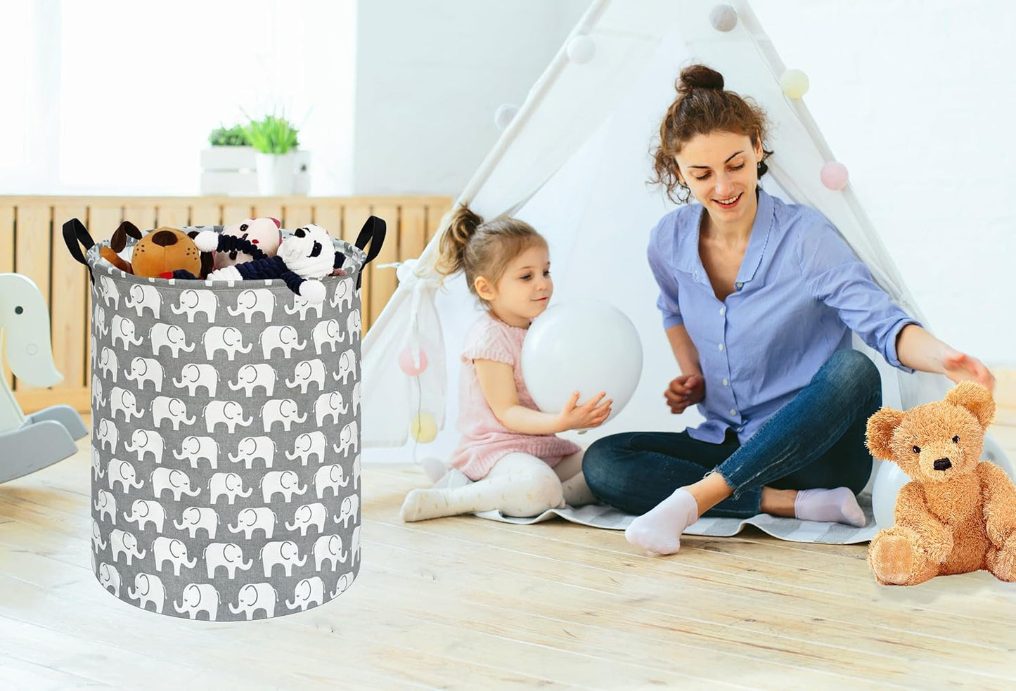 Baby Laundry Basket Kids Elephant Pattern Hamper, Large Storage Decor