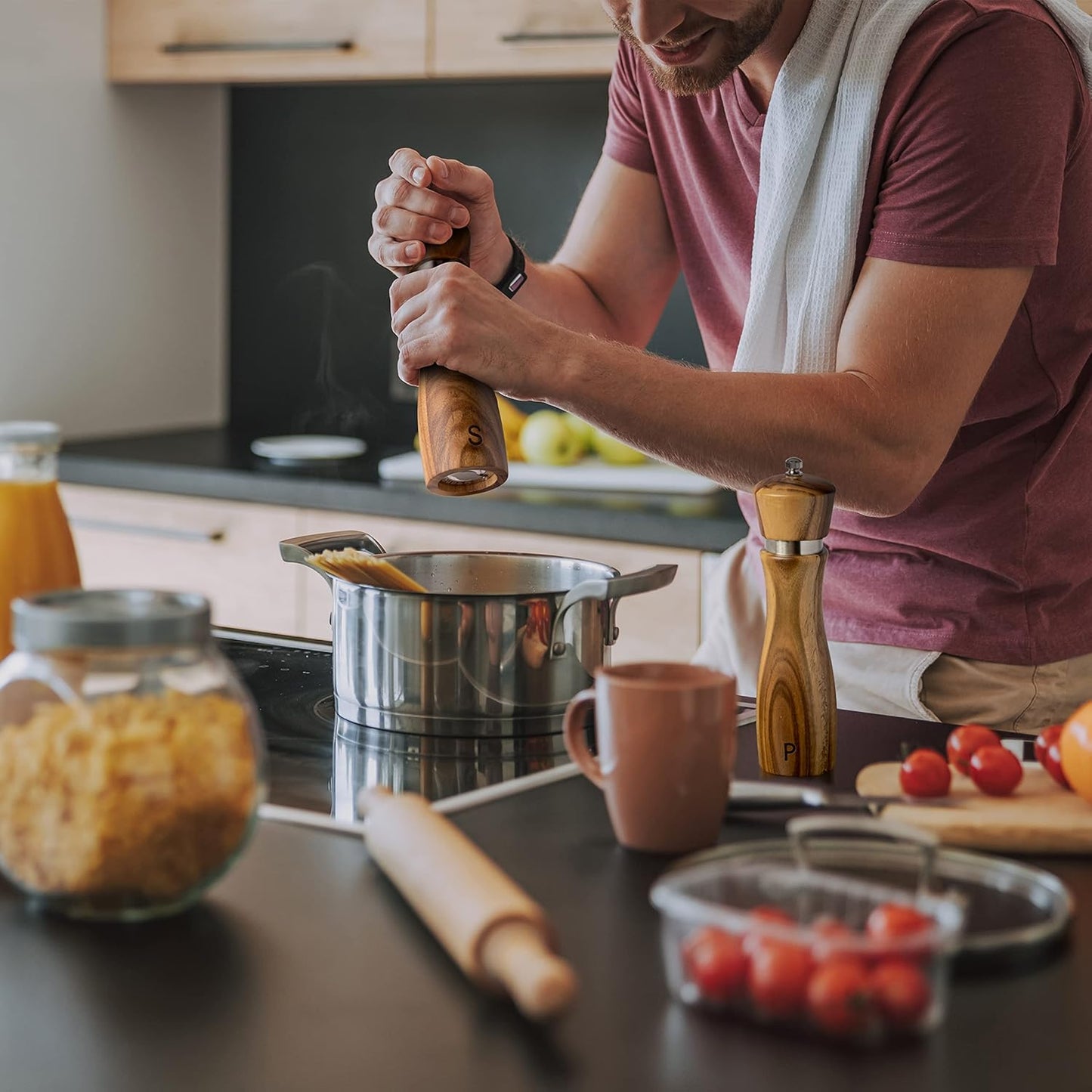 Wooden Salt and Pepper Grinder Set: Refillable Salt & Pepper Mills Adjust for Customized Coarseness, 8 Inches Each
