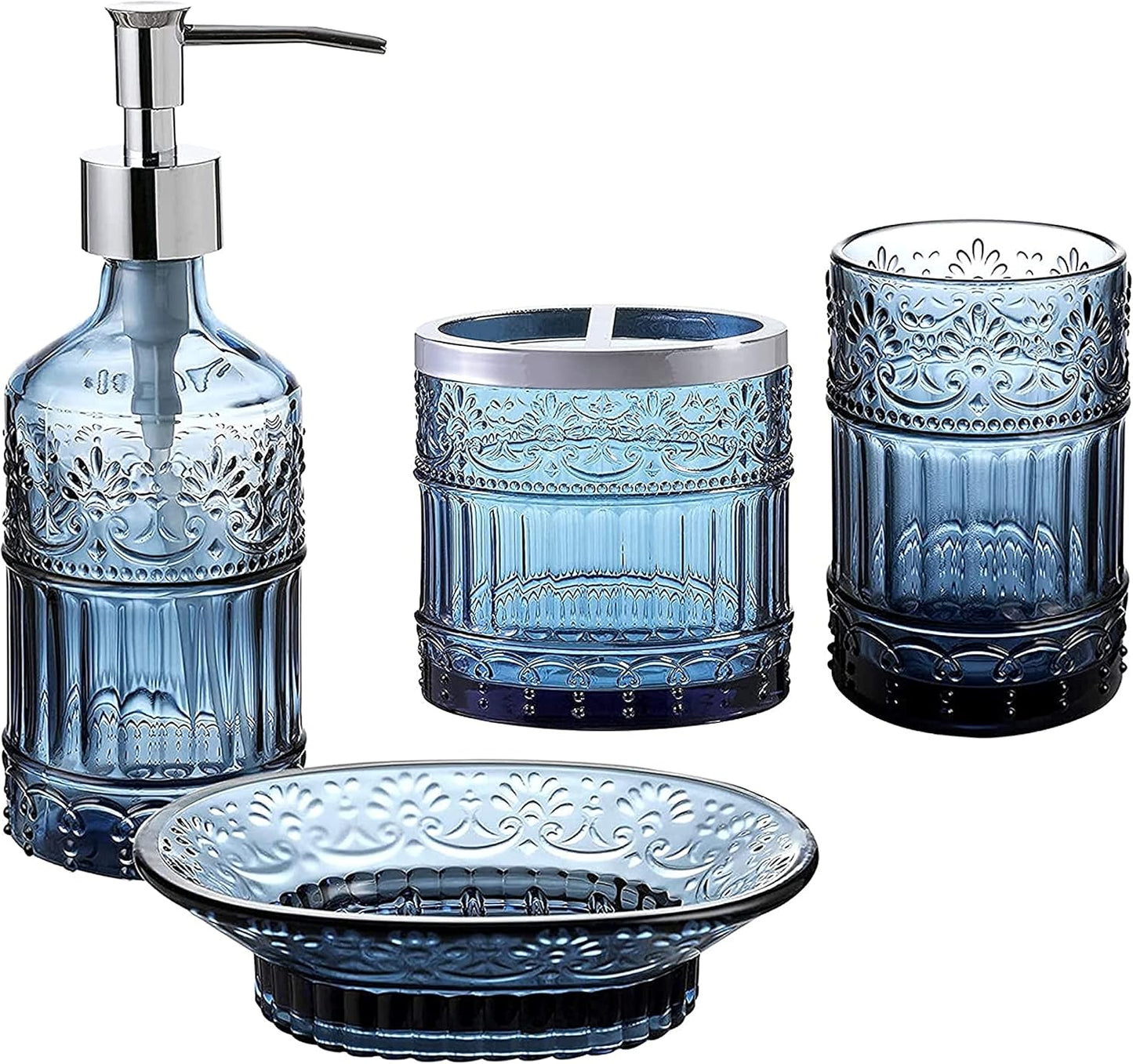 4-Piece Decorative Blue Glass Bathroom Decor Accessories Set
