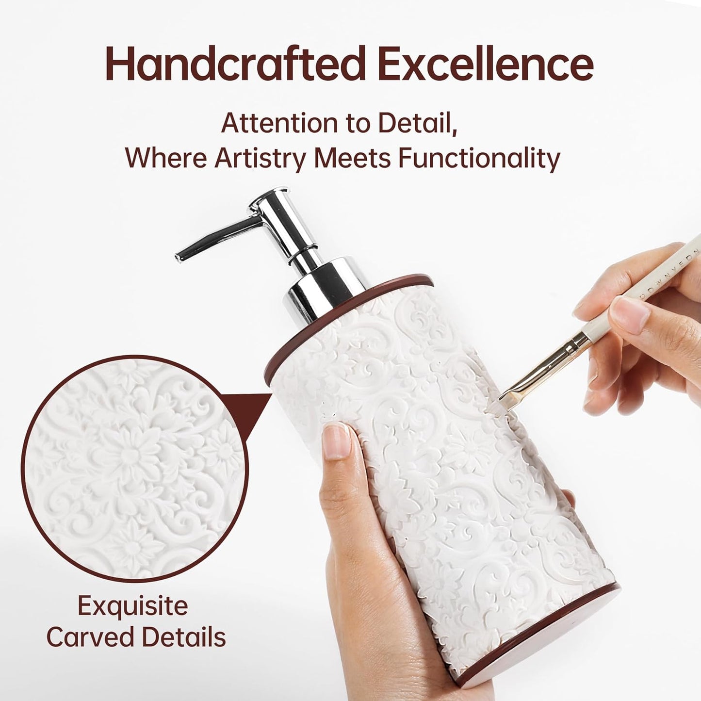 Bathroom Accessories Set, Elegant Handmade Floral Pattern, 5 Pcs, White