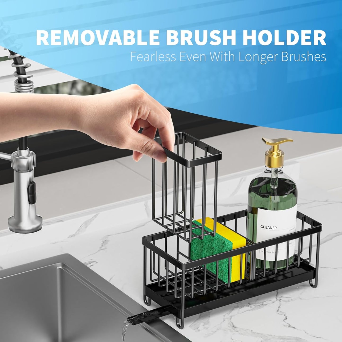 Black Sponge Holder for Kitchen Sink, Sink Caddy Organizer with High Brush Holder, Storage Essentials, Rustproof 304 Stainless Steel