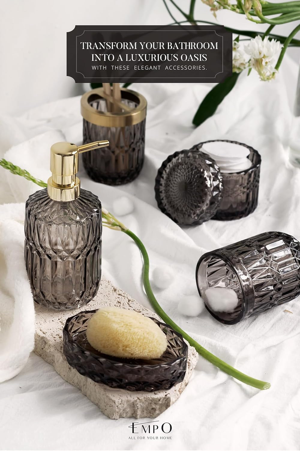 6PCS Bathroom Gray Glass Accessories Set