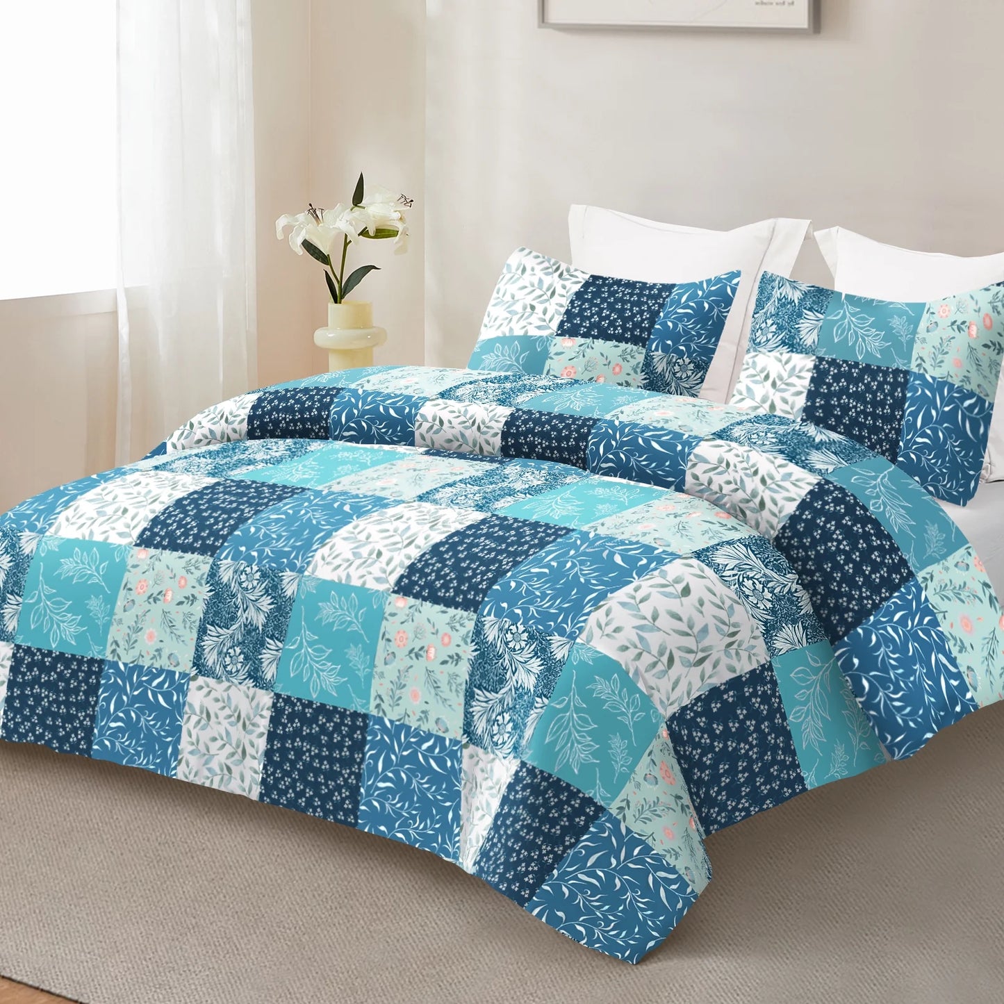 3-Piece Patchwork Queen Size Comforter Set, Microfiber Bedding down Alternative Comforter for All Seasons, Navy Blue