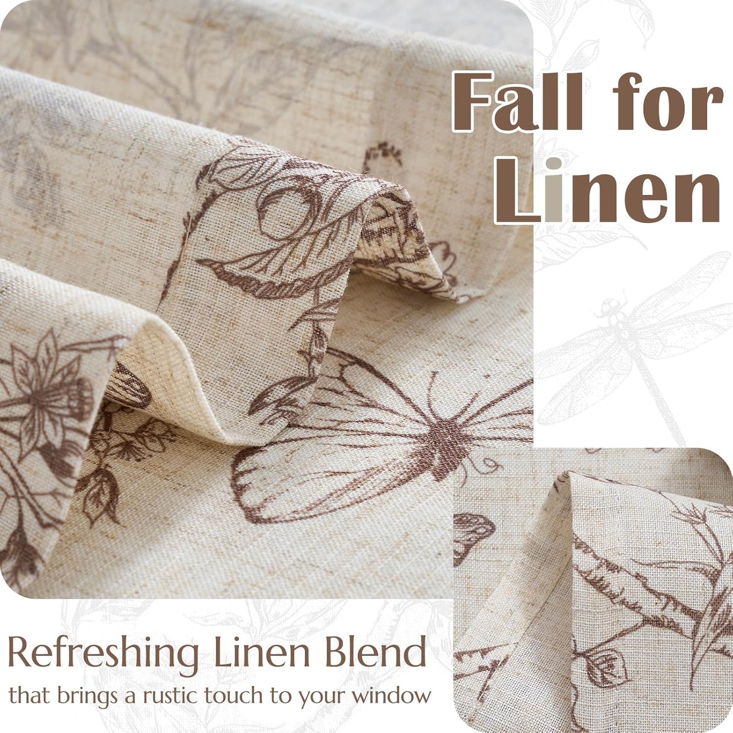 Floral Kitchen Curtains for Windows 36 Inch Farmhouse Country Linen Tier Curtains, Botanic Small Window Drapes, Rod Pocket Rustic 2 Panels Tan on Beige
