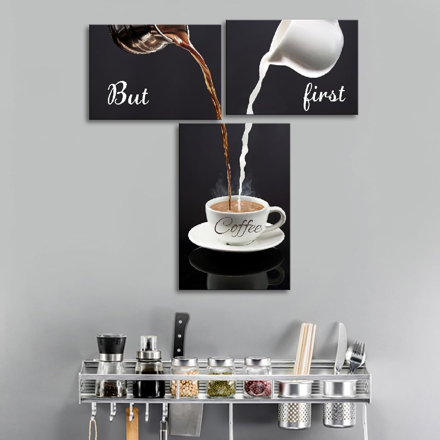 Coffee Bar Wall Decor for Kitchen - but First Coffee Sign(Latte-Set, Set of 3)