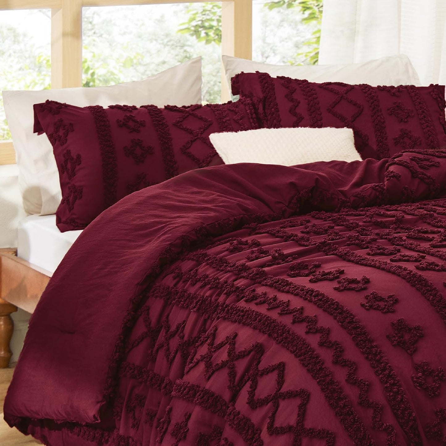 Tufted Boho Comforter Set Twin Size - Dark Red Boho Bed Set, Gentle soft™ 2 Pieces Farmhouse Shabby Chic Embroidery Bedding, Soft Jacquard Twin Comforter for All Seasons