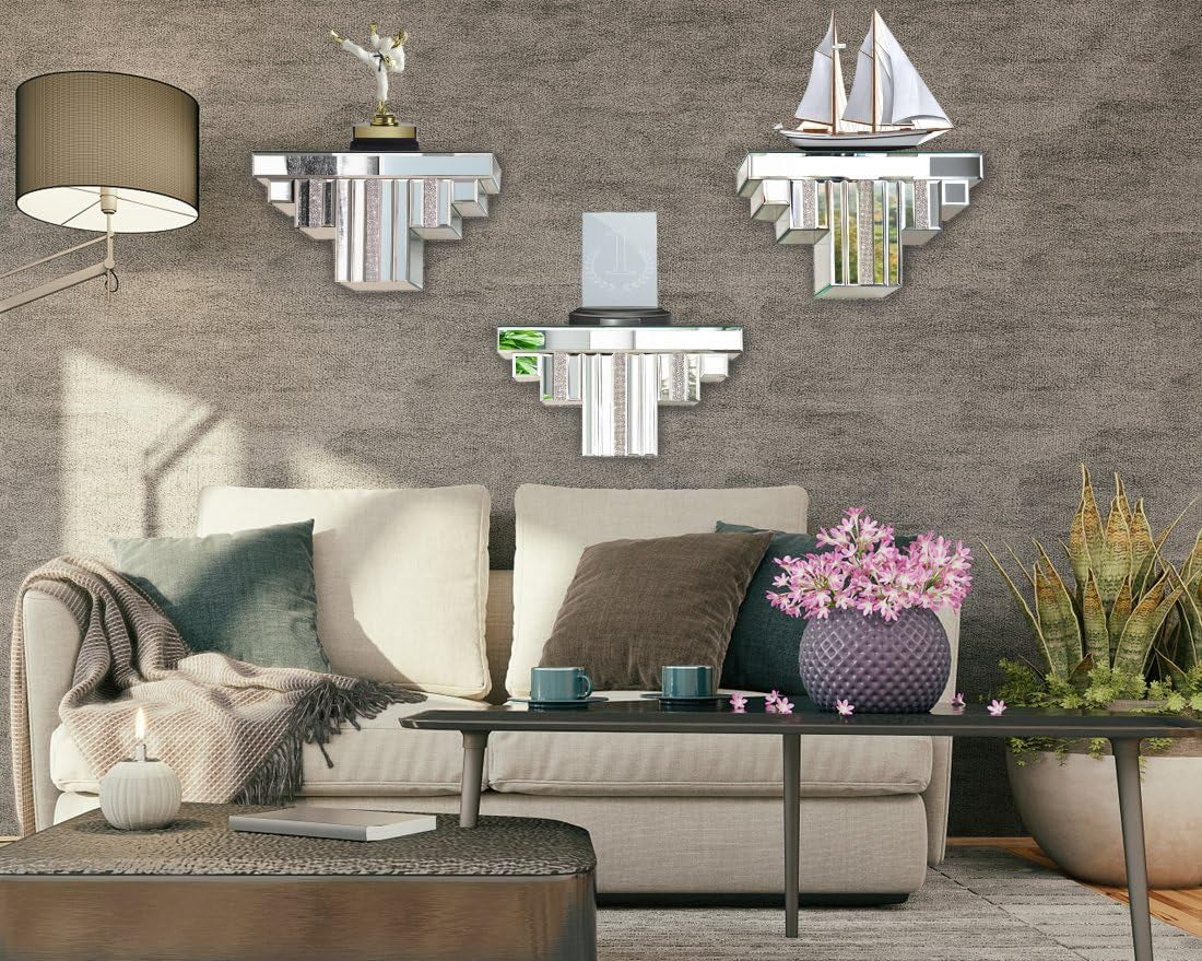 Mirrored Floating Wall Shelf, Silver Mirror Crushed Diamond Decorative Wall Shelf, 14.3" L×5.5" W×7.6" H