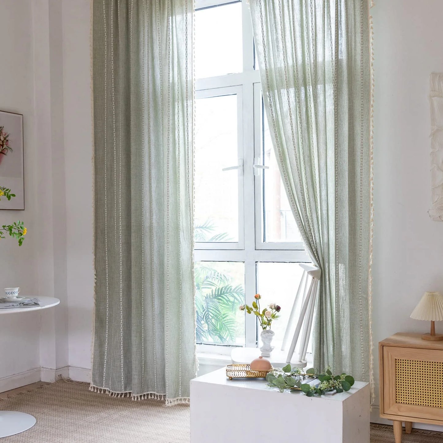 Boho Curtains Linen Farmhouse Curtains Semi Sheer Curtains 52" W X 84" L Green