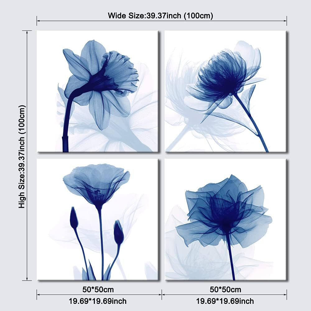 Large Blue Flickering Flower Modern Abstract Paintings Canvas Wall Art, 4pcs