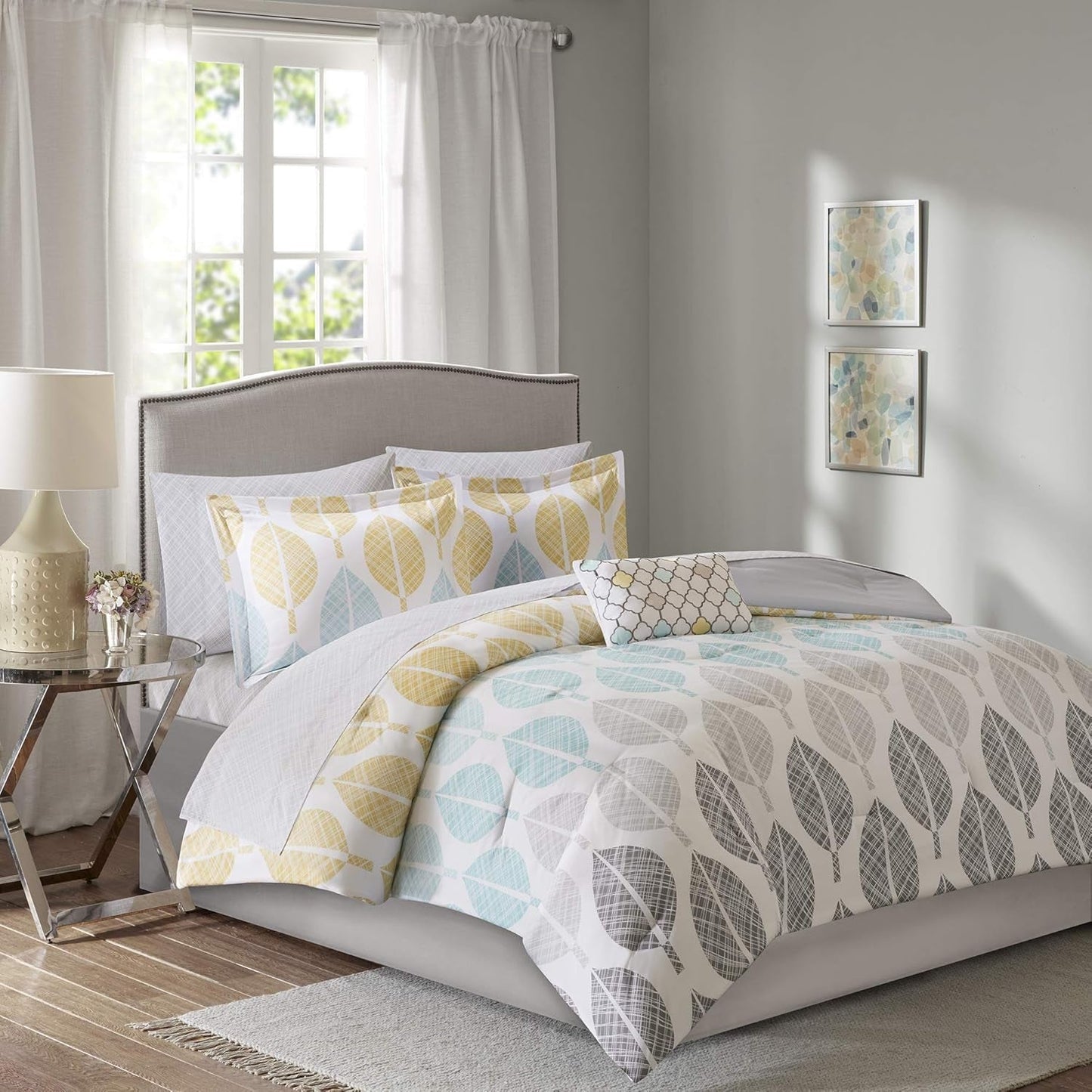 Essentials Bed in a Bag Comforter, Vibrant Color Design All Season down Alternative Cover with Complete Cotton Sheet Set, Full(78"X86"), Central Park, Leaf Yellow/Aqua