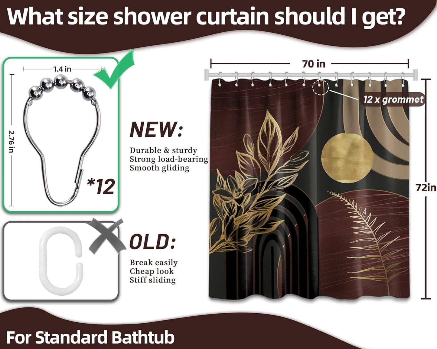 Dark Brown and Black Shower Curtain Boho Mid Century Gold and Brown Shower Curtains for Bathroom Decor, Waterproof Cloth Fabric with Hooks, 70" W X 72" L