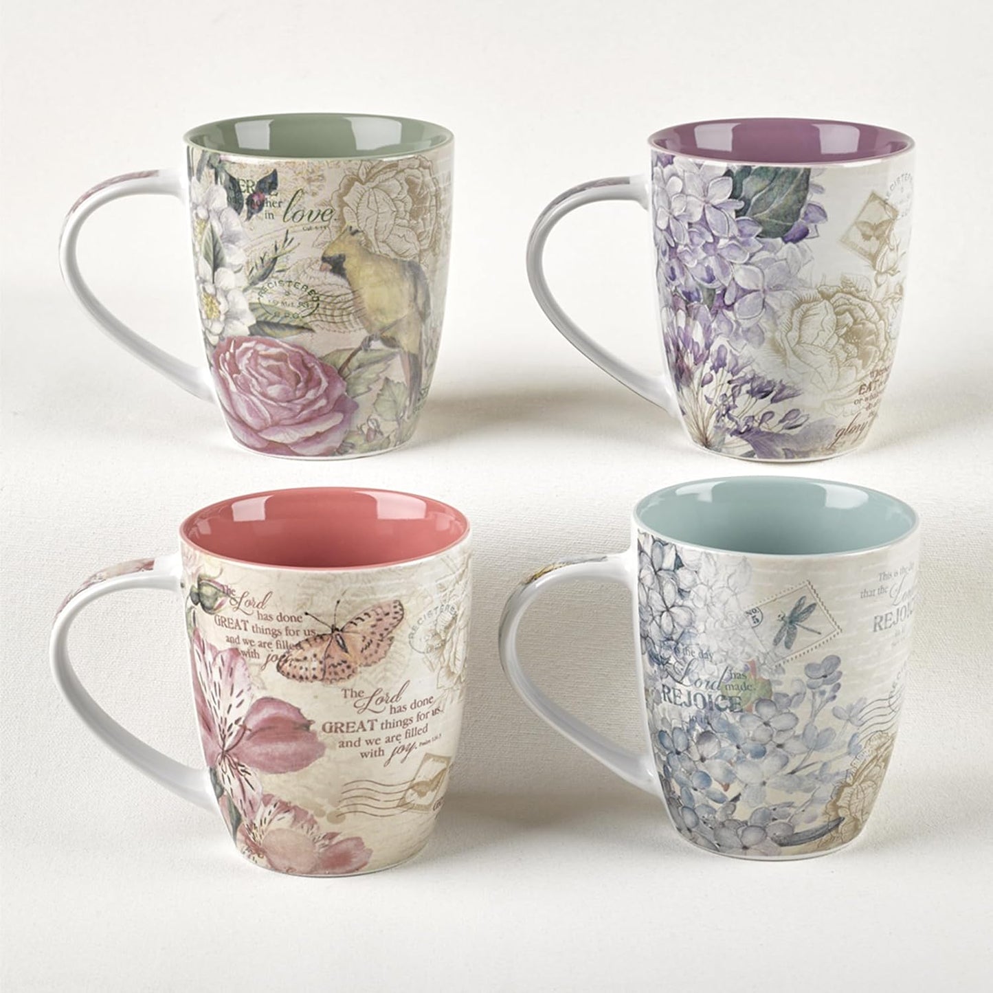 Ceramic Coffee/Tea Mug Set for Women | Vintage Botanic Floral Inspirations Design Bible Verse Mug Set | Boxed Set/4 Coffee Cups