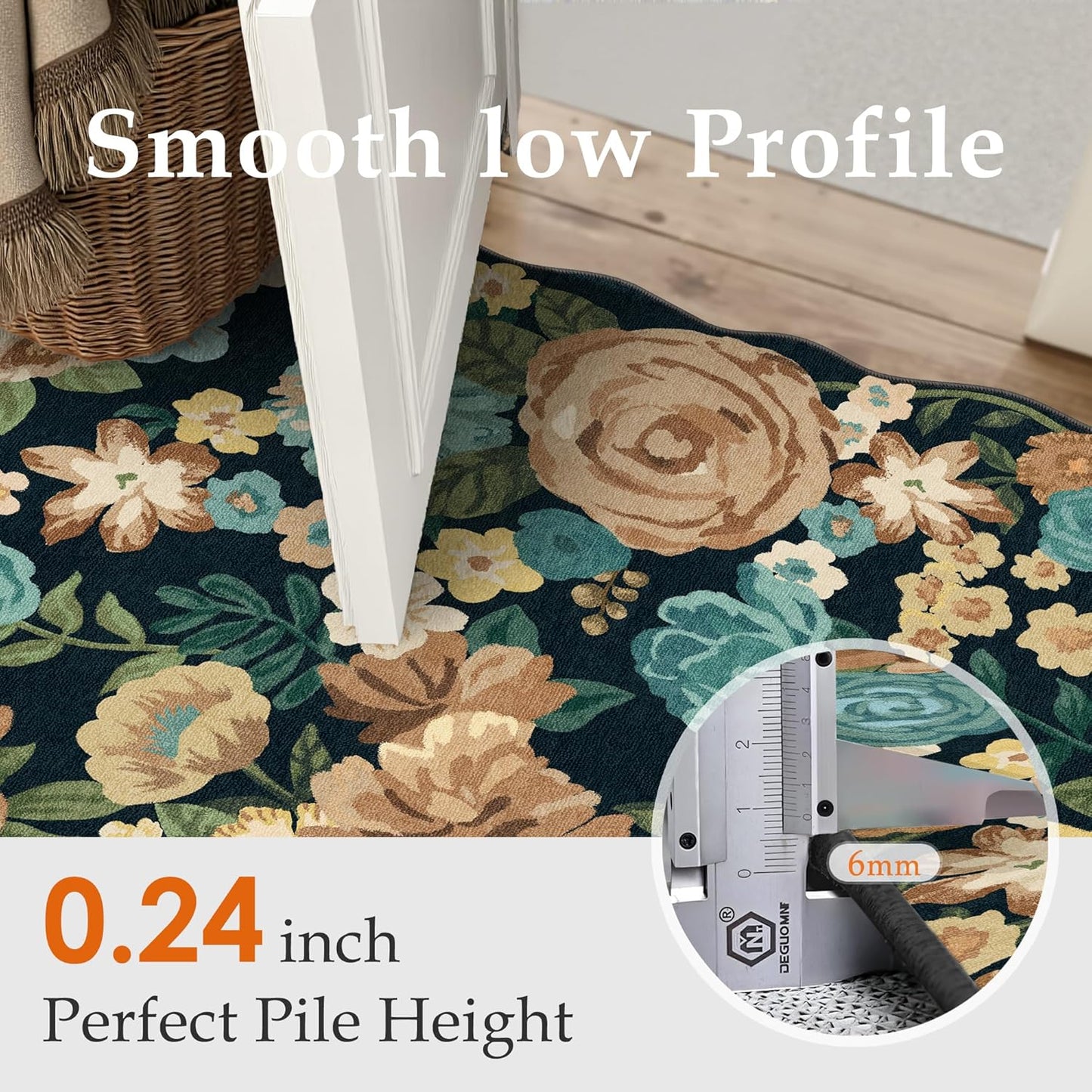 Washable Floral Area Rug 5X7 Black Living Room Carpet Scalloped Flower Non-Slip