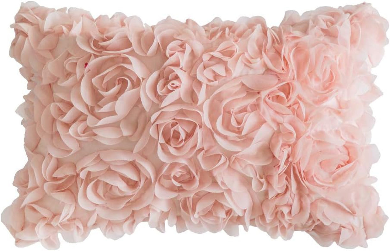 3D Decorative Romantic Rose Flower Throw Pillow Cover Solid 12X20 Inch Peach Pink