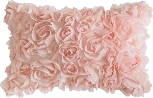 3D Decorative Romantic Rose Flower Throw Pillow Cover Solid 12X20 Inch Peach Pink