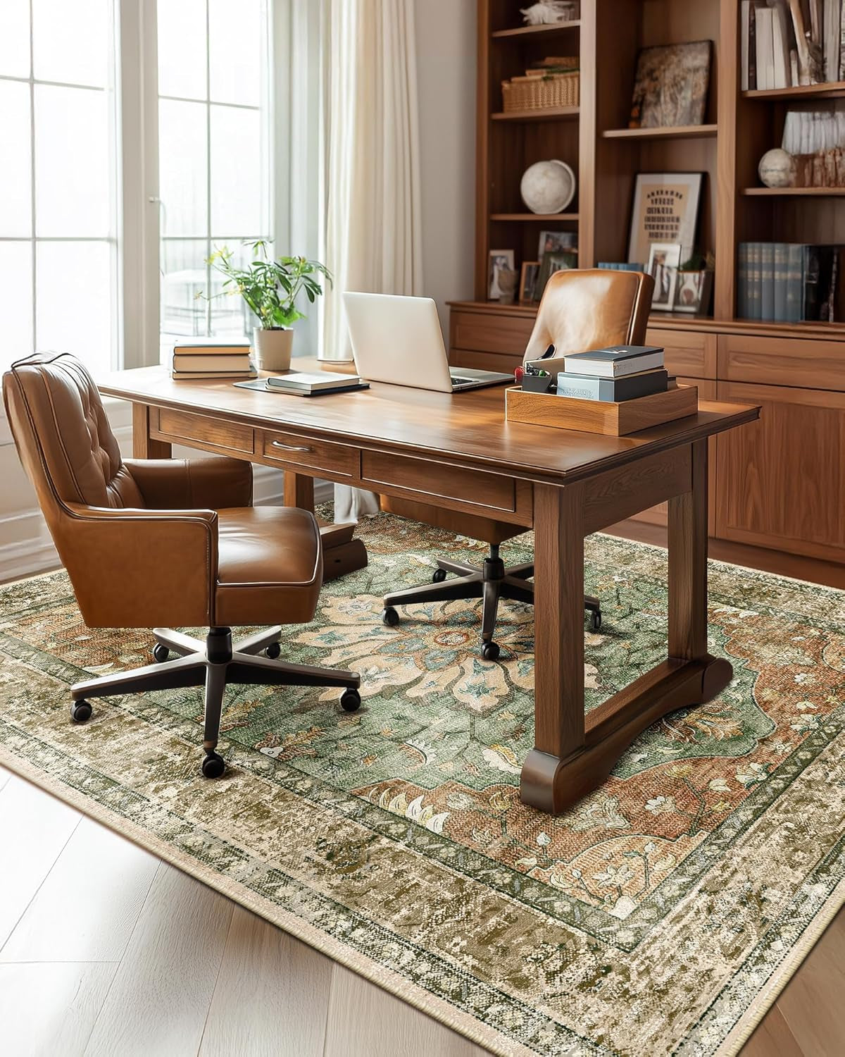 Area Rugs 5'X7' Washable Non-Slip, Floral Vintage Distress Print Pattern Medallion Carpet, Brick Red Rust Red Neutral
