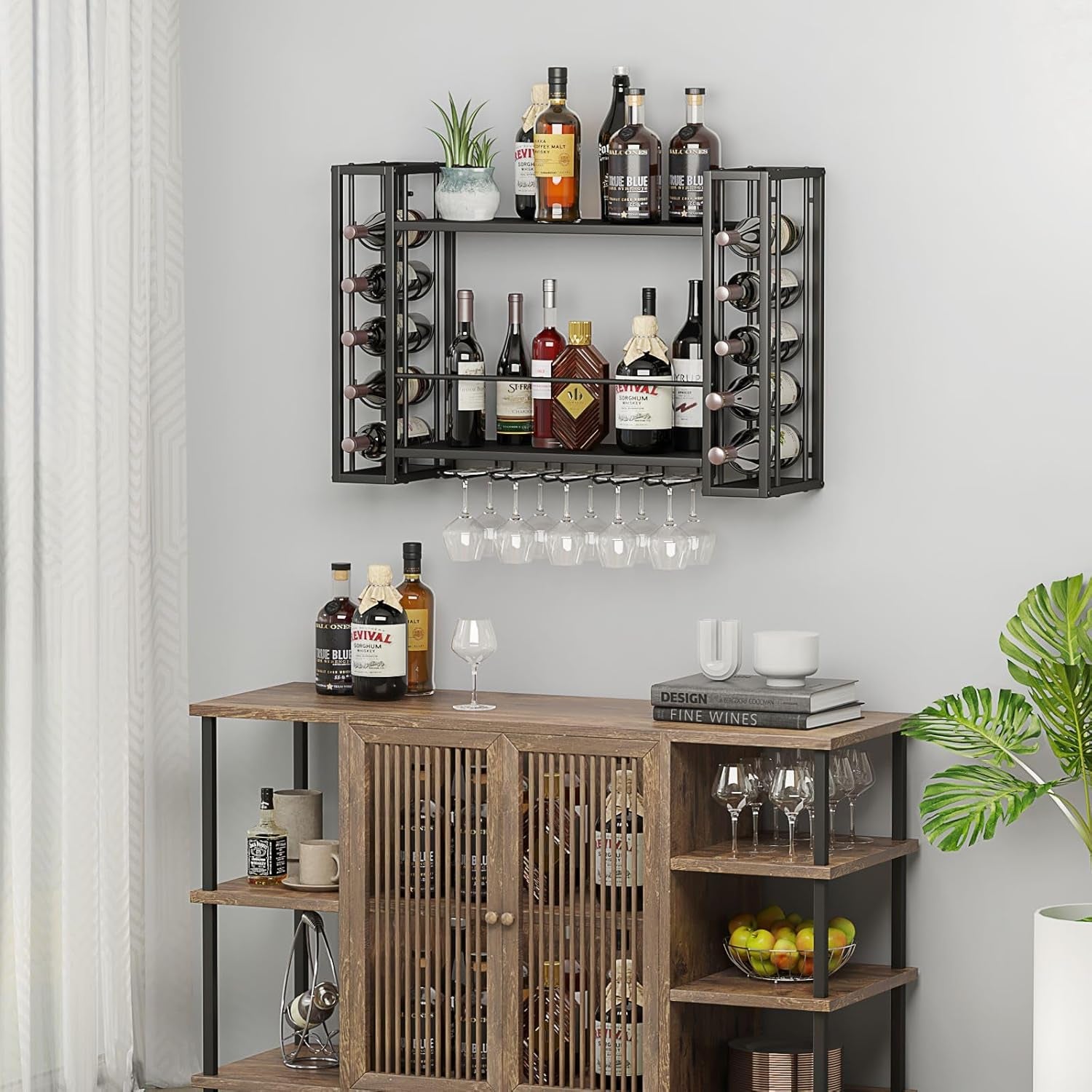 Wall Mounted Wine Rack, with Wine Glass Rack, 2-Tier Multi-Functional Shelf, Black
