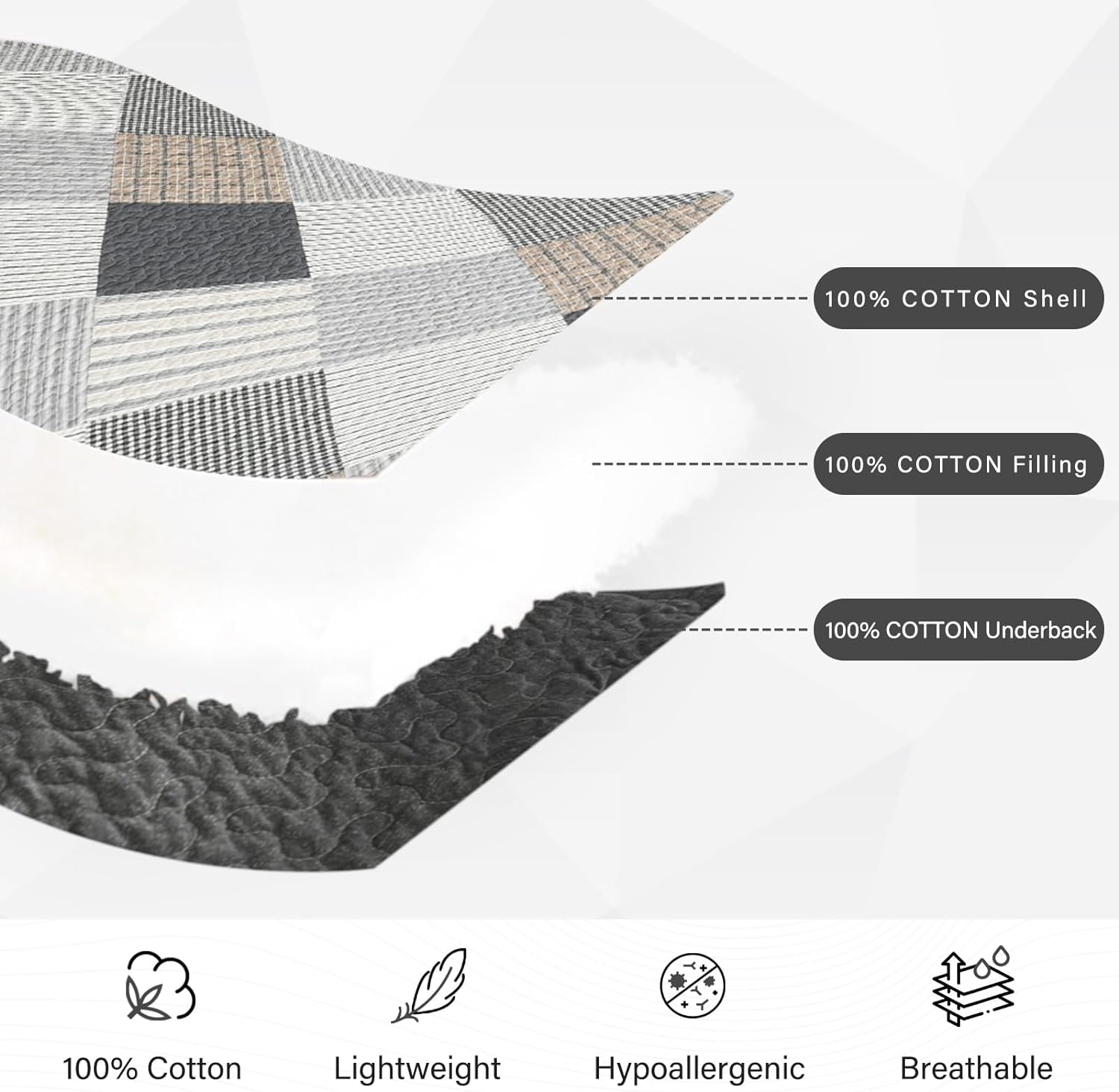 Cotton King Quilt Bedspread Set for King Bed, 3 Pcs, Dark Gray/White/Brown